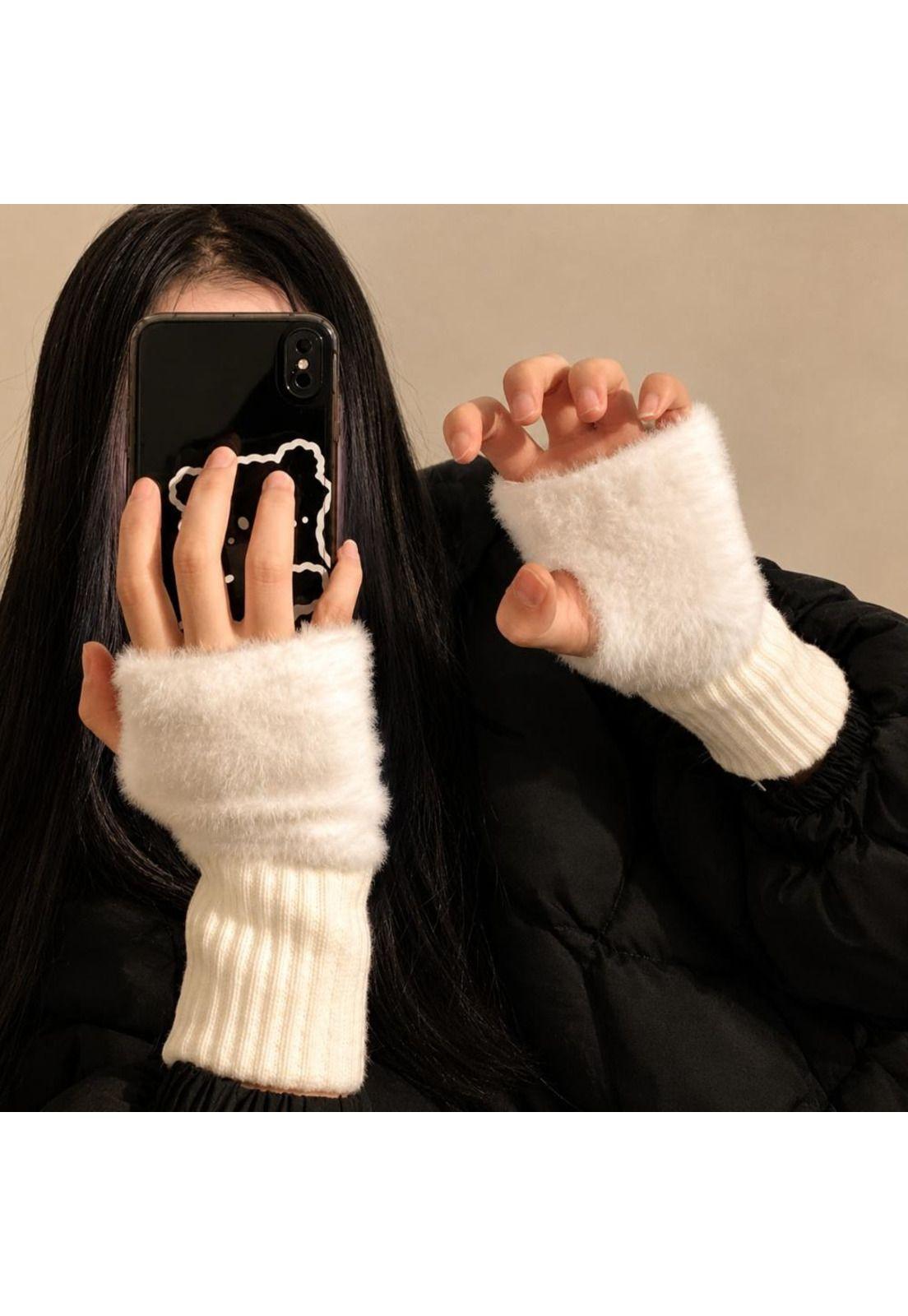 Guantes suaves  de invierno sin dedos medio dedo esponjoso-4