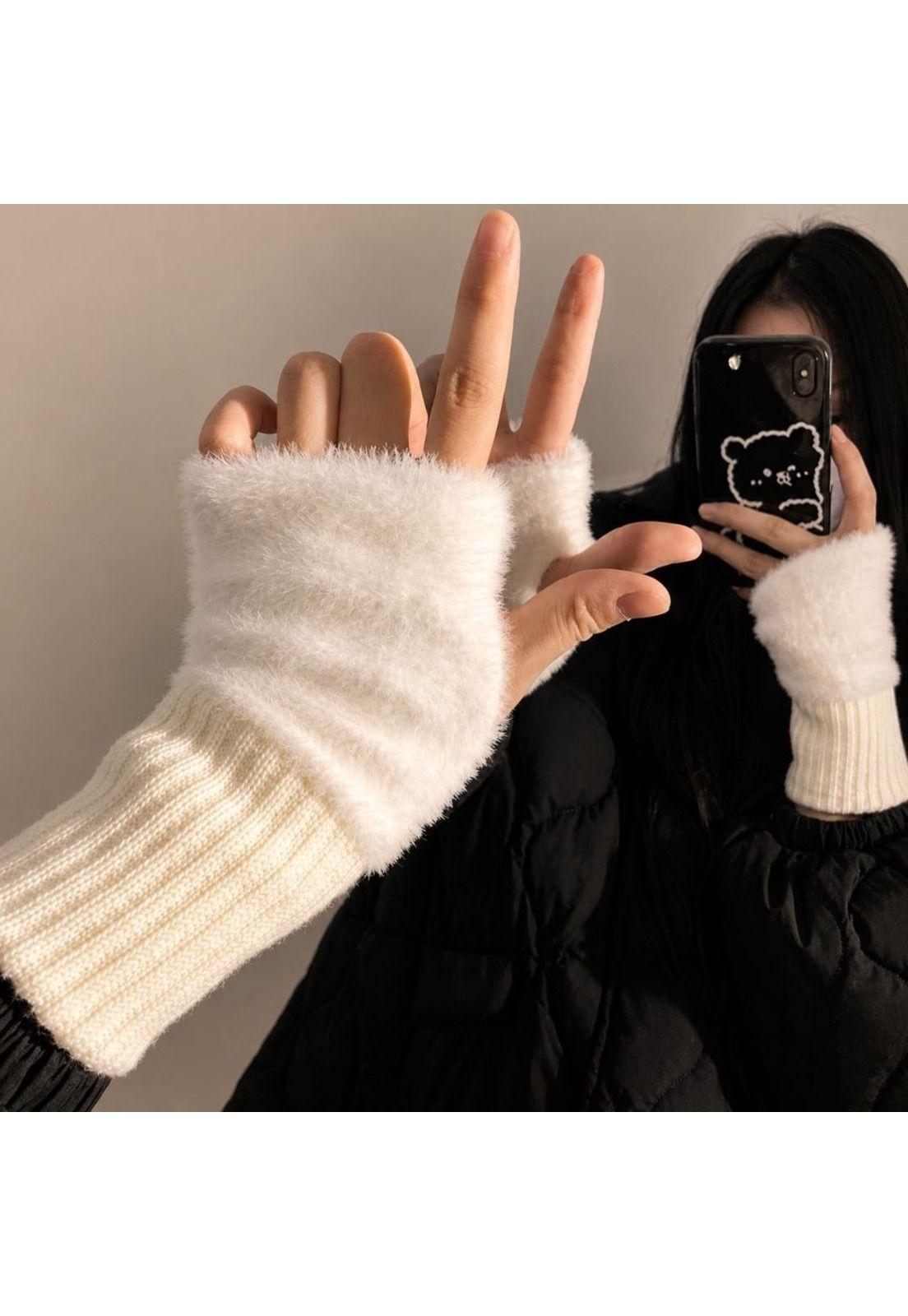 Guantes suaves  de invierno sin dedos medio dedo esponjoso-5