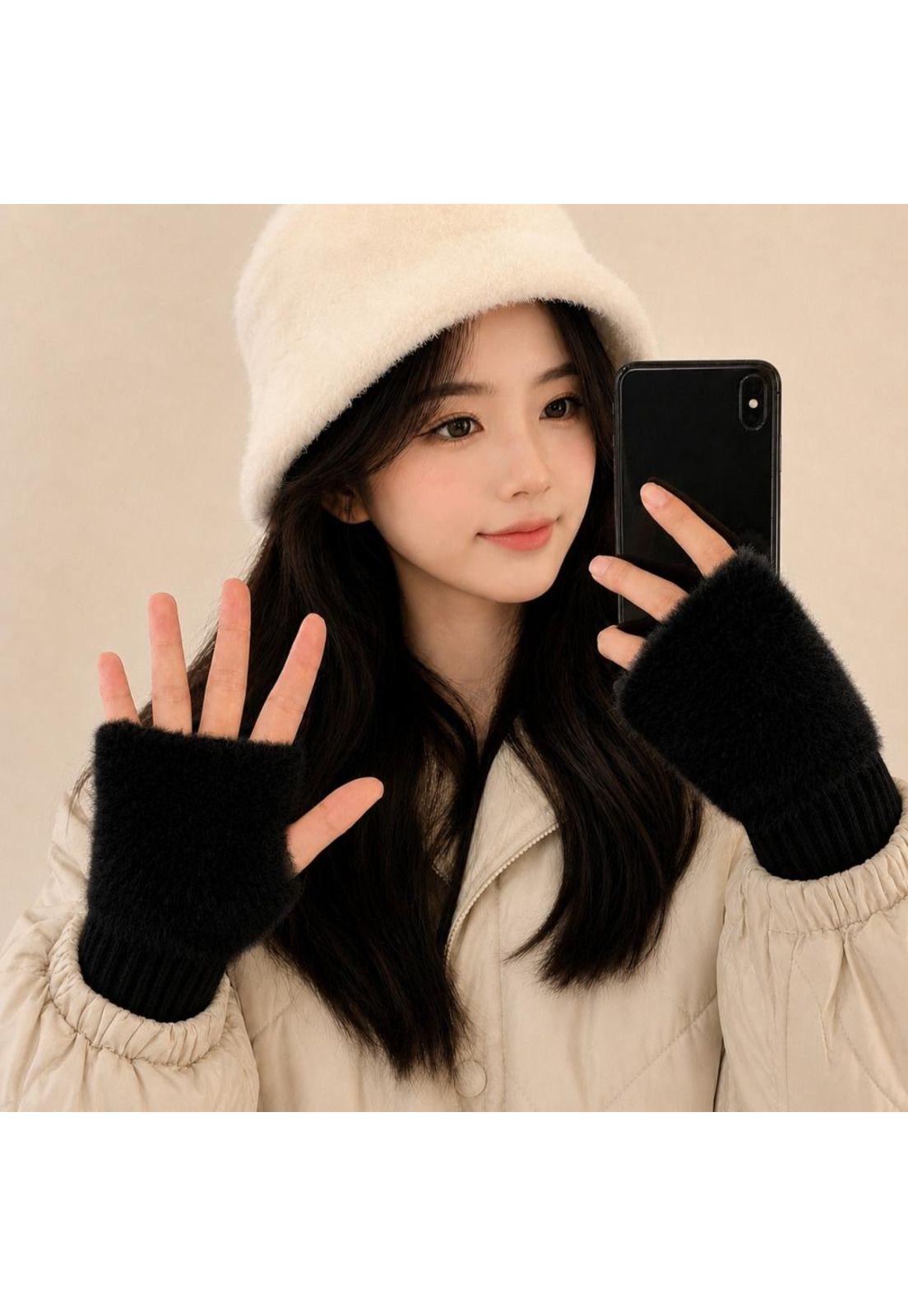Guantes suaves  de invierno sin dedos medio dedo esponjoso-0