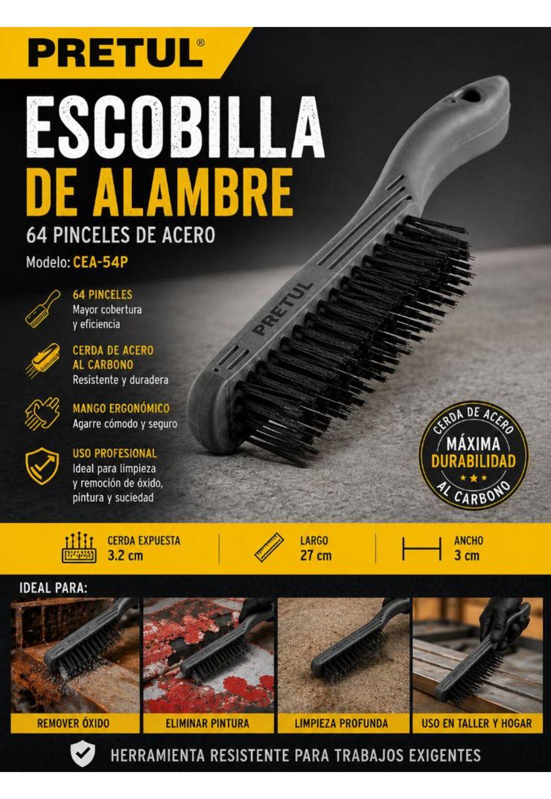 Escobilla Alambre, Cerda Acero, 64 Pinceles, Pretul Cea-54p-3