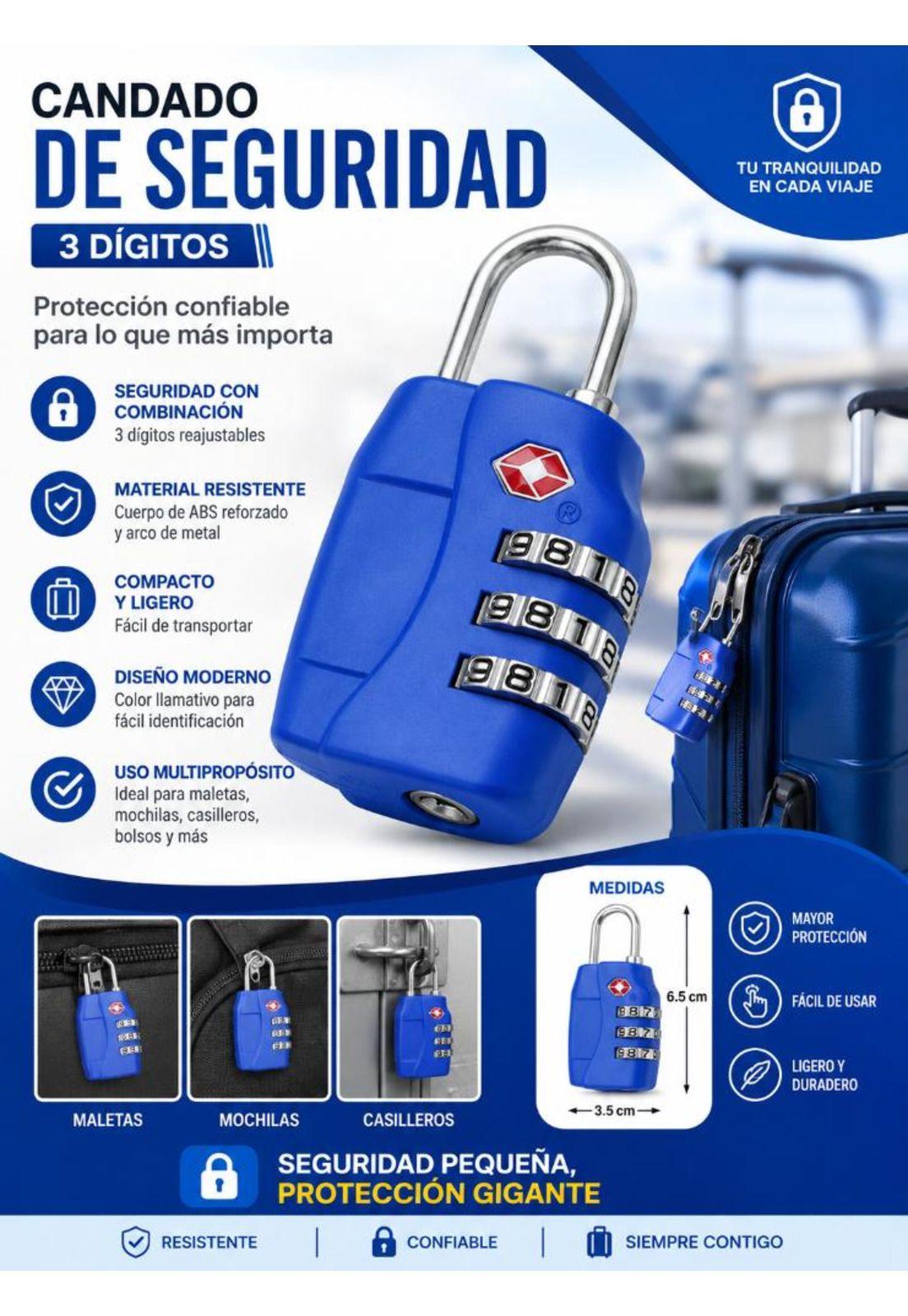Candado Tsa 33mm Seguridad Maleta Locker LLAVE Y CLAVE Azul-4