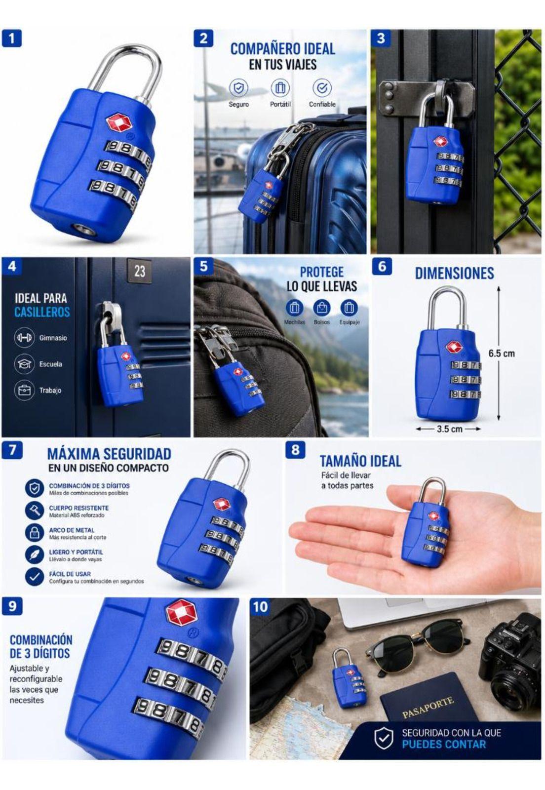 Candado Tsa 33mm Seguridad Maleta Locker LLAVE Y CLAVE Azul-5