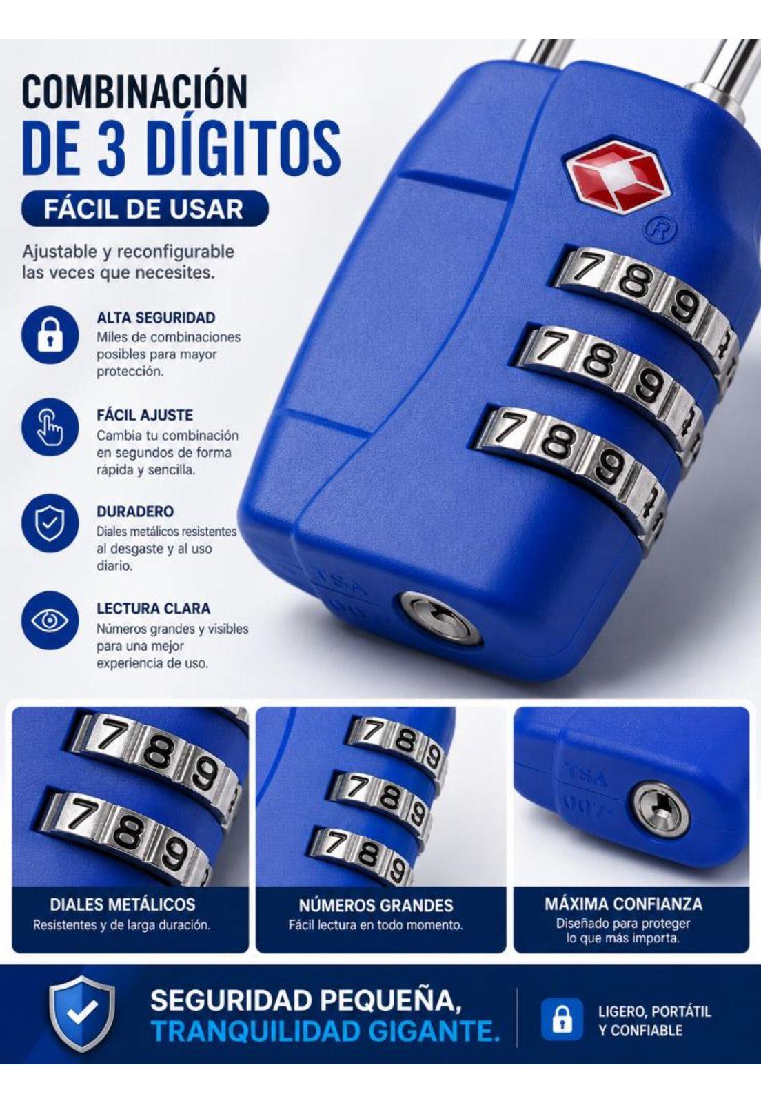 Candado Tsa 33mm Seguridad Maleta Locker LLAVE Y CLAVE Azul-7