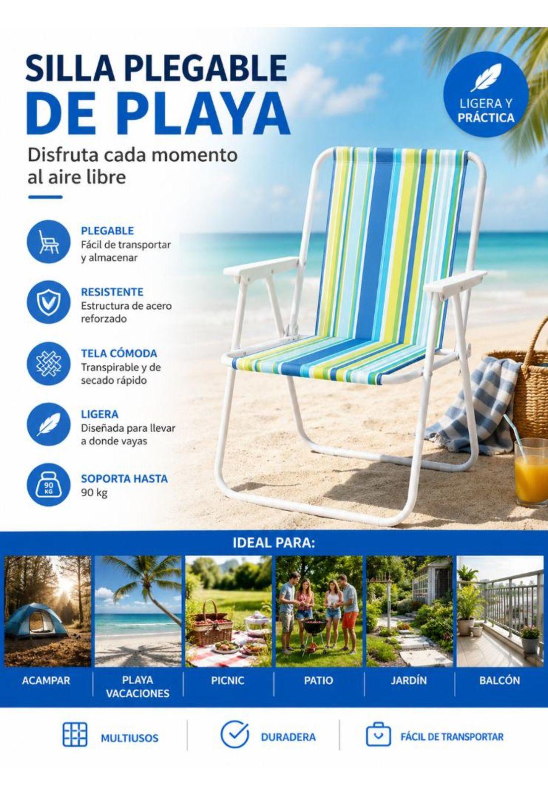 Silla Plegable Camping Picnic Piscina Verano Playa Portátil-9