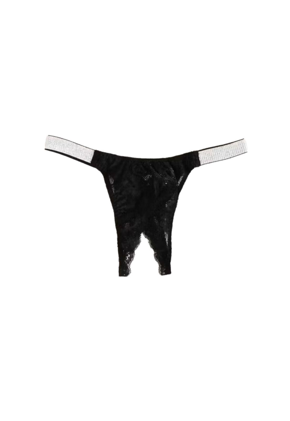 Tanga Colaless Entrepierna Abierta Encaje Y Cinta Brillante-3