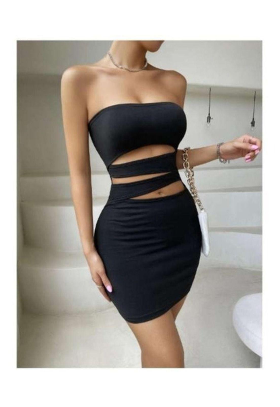 Vestido Pegado Tubo Escote Abdomen Corto Hombros Descubierto-4