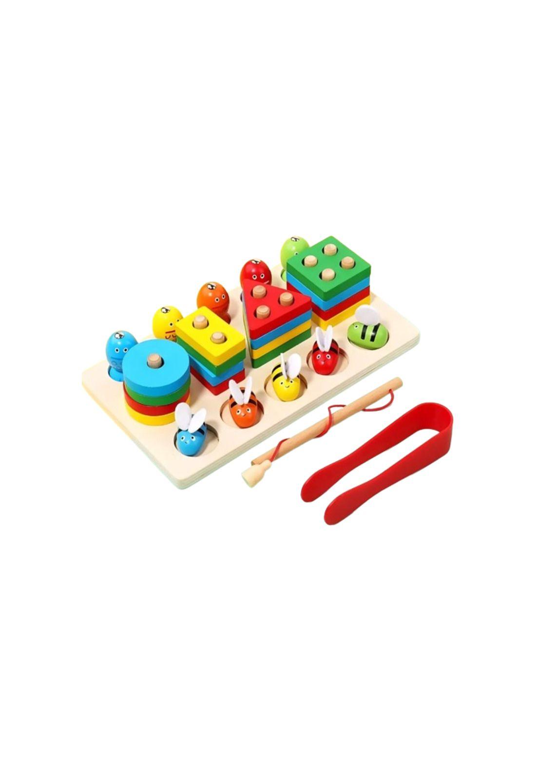 Juego de Madera 3x1 Motricidad Fina Encaje Pesca Y Abejas Montessori-2