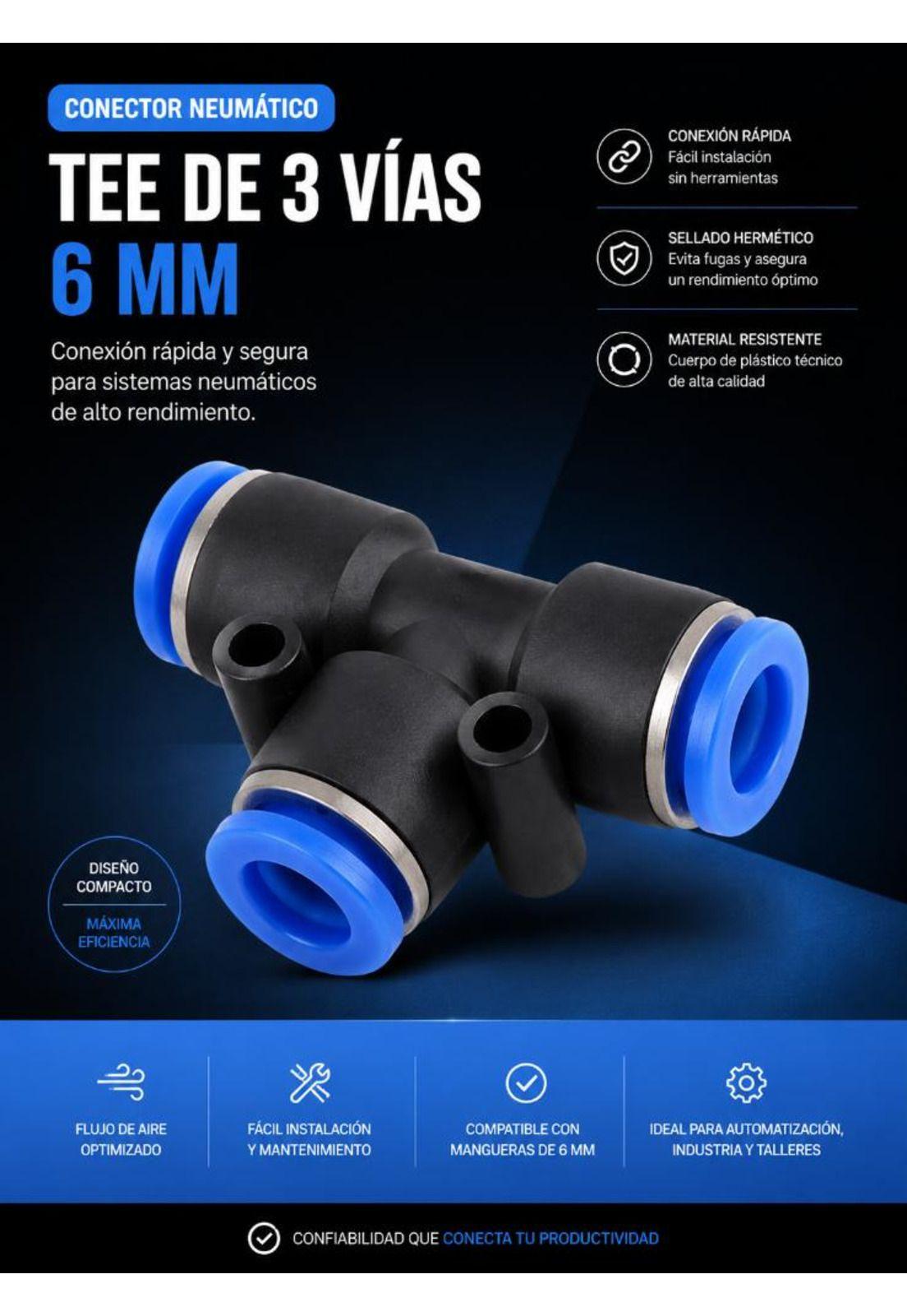 Conector Tee 6mm, Neumatico Bloqueo Antideslizante 3 Vias-4