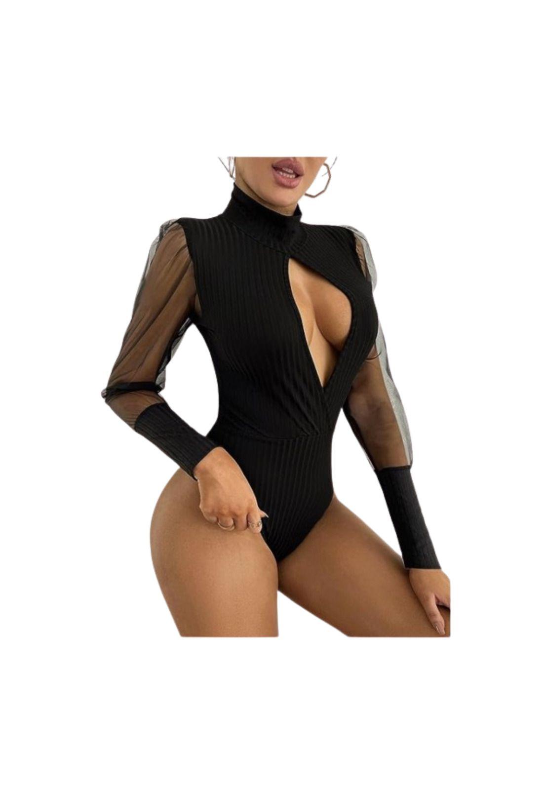 Body Enterizo sexy de manga larga con cuello alto y corte para mujer-2