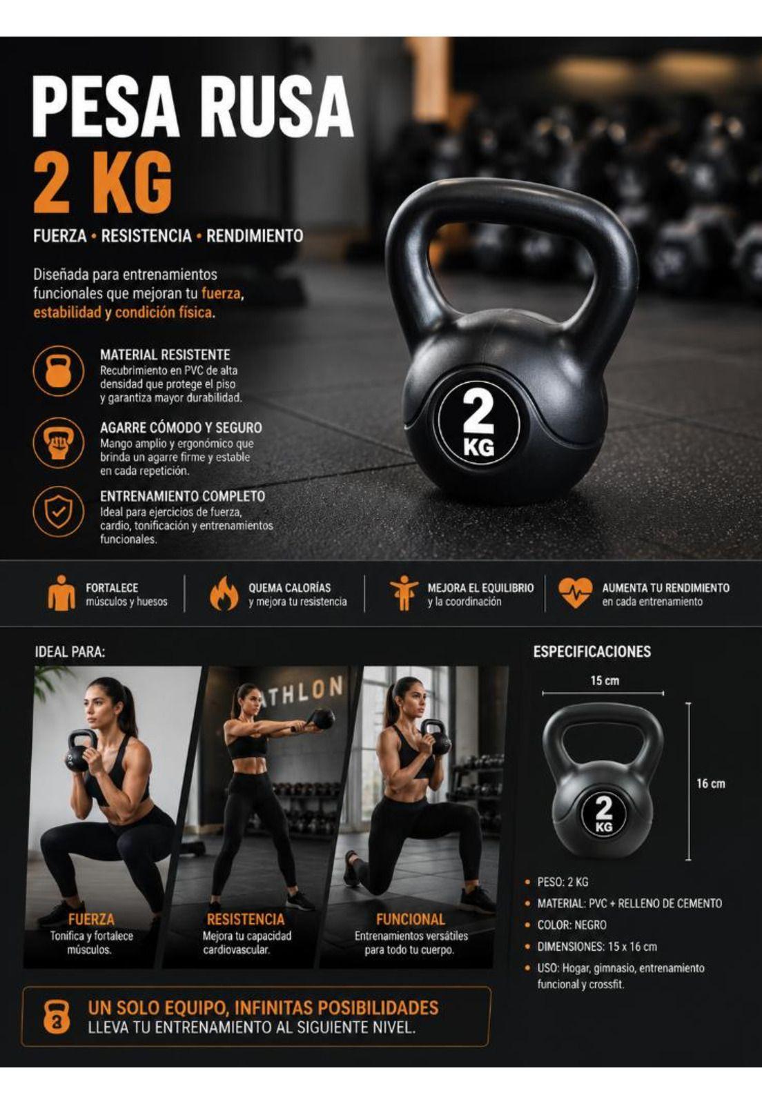 Pesa Rusa Kettlebell 2kg Entrenamiento Crossfit Fitness Color Negro-6