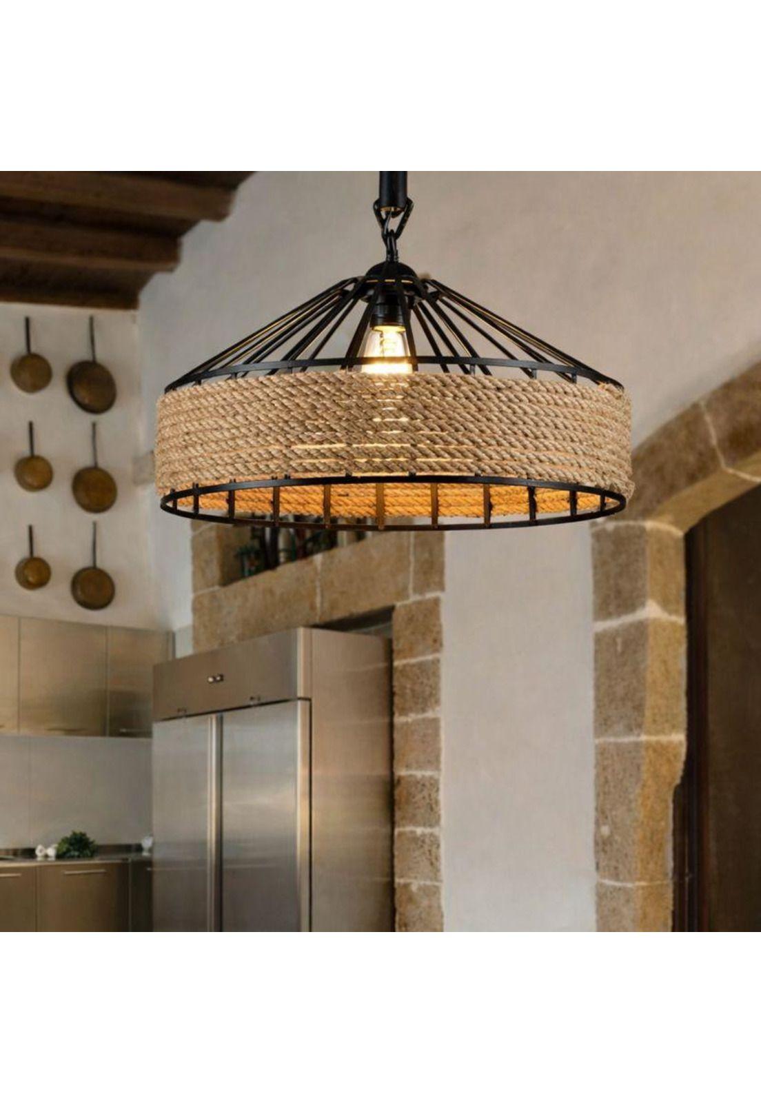 Lámpara Colgante Vintage Cáñamo Aluminio Estilo Rústico 40cm-3
