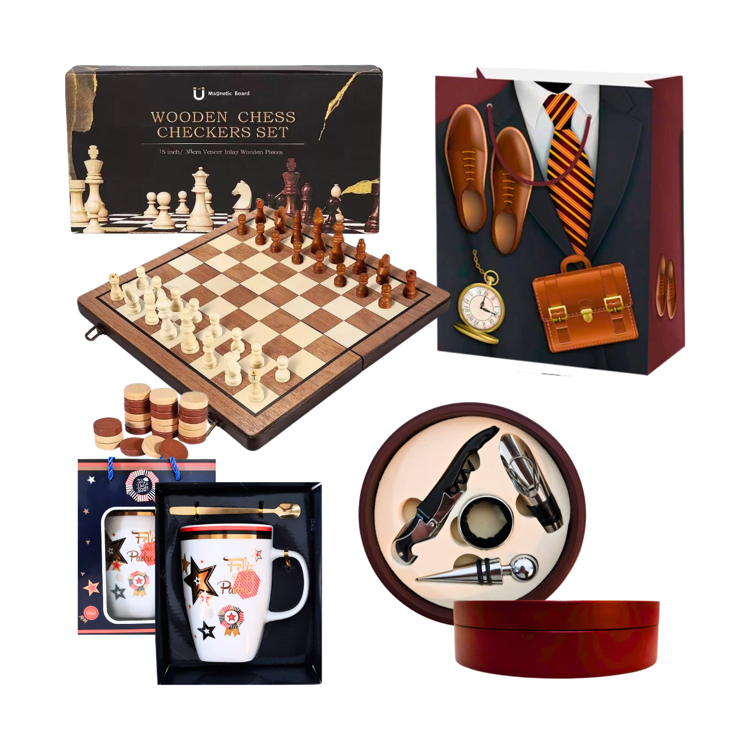 Kit Regalo Papá Tablero Ajedrez Madera + Set Vino + Taza-0