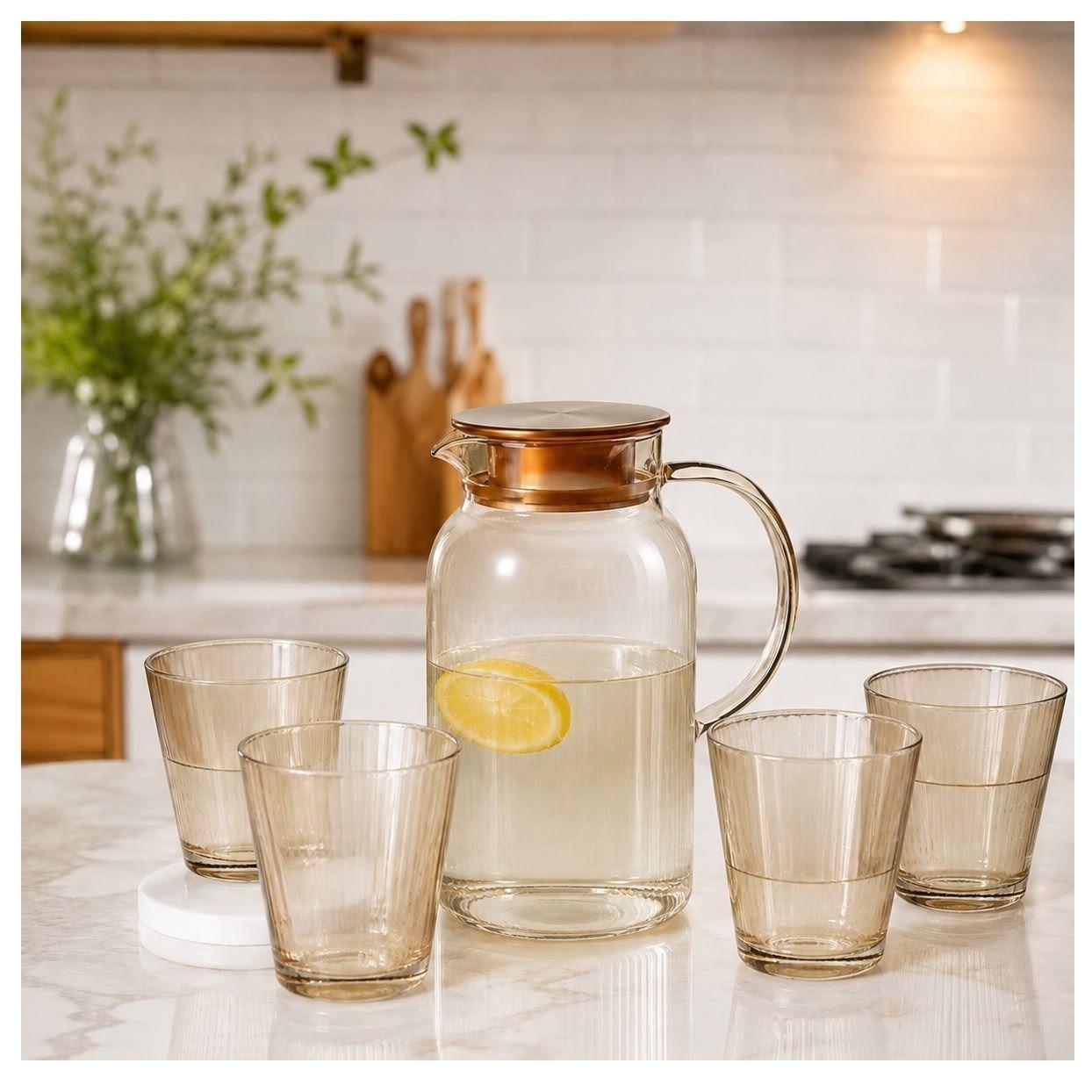 Set de Jarra Antigoteo con 4 Vasos Estriados-1