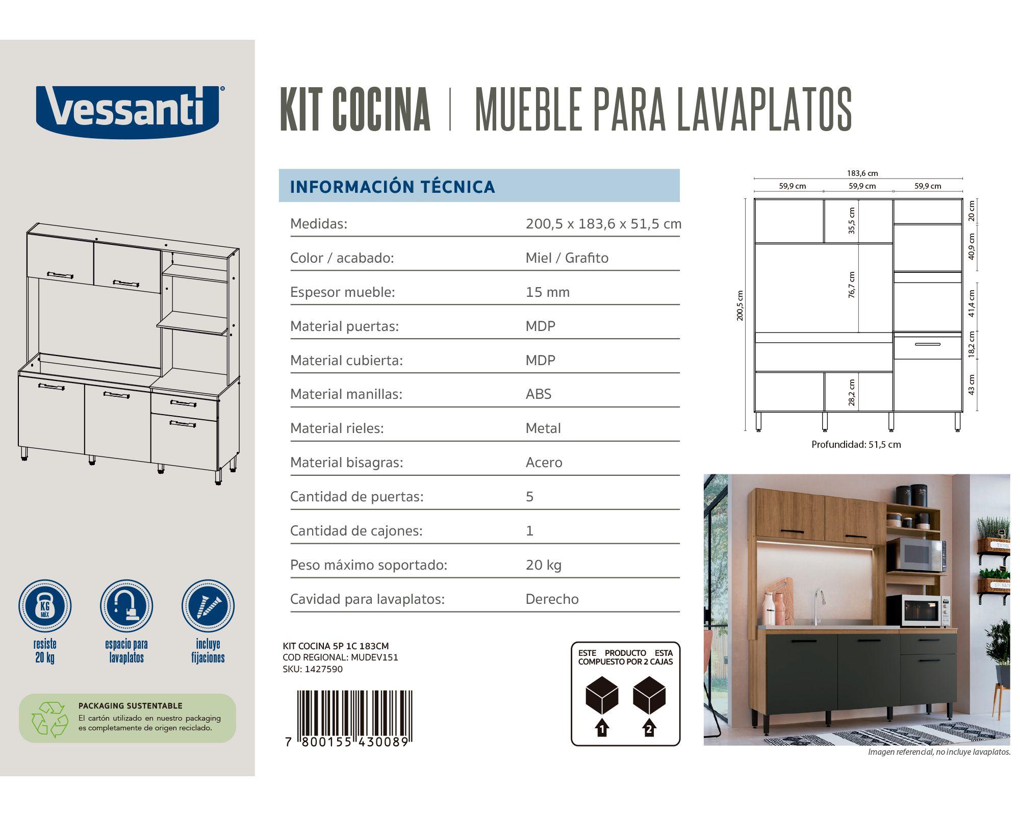 Kit Cocina 5 puertas 1 cajón miel/grafito-6