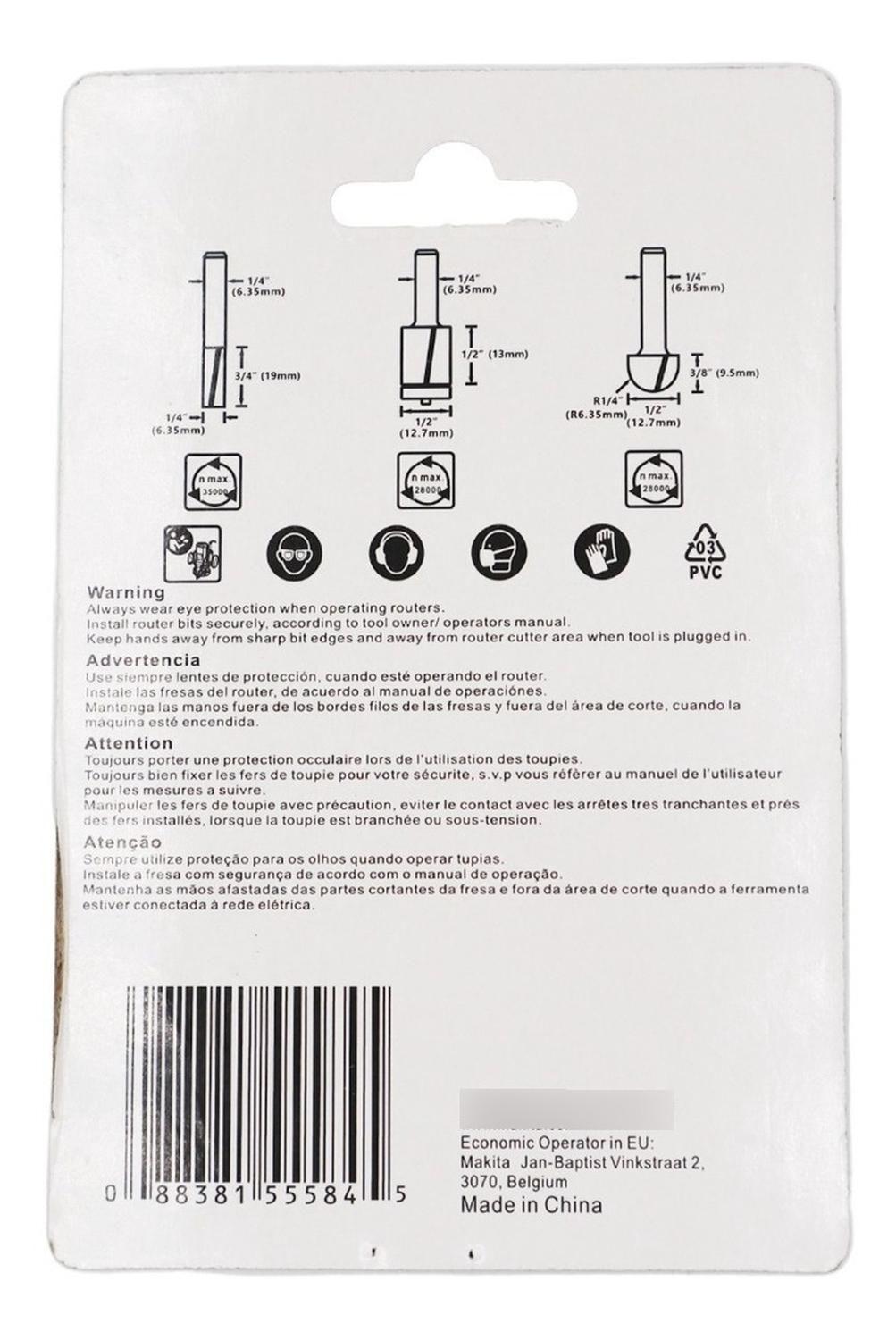 Set 3 Fresas Madera Toma 1/4 Makita D-70465-2