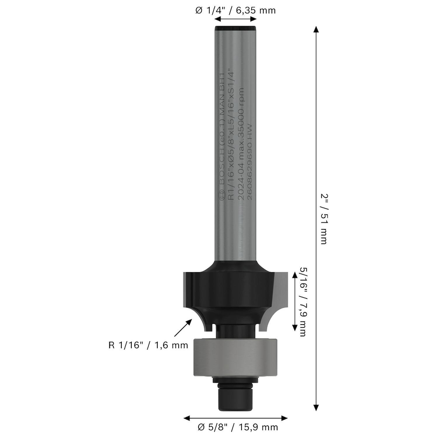 Fresa Redondear Bosch PRO R1,6mm D15,9mm Vástago 1/4'' Madera-2