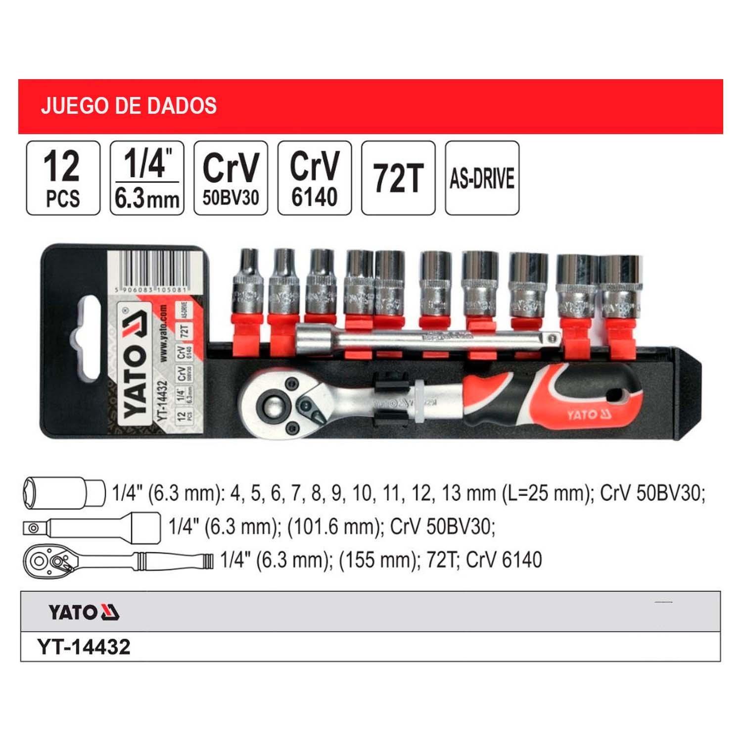 Juego Dados 1/4'' Yato YT-14432 12 Piezas con Chicharra-3