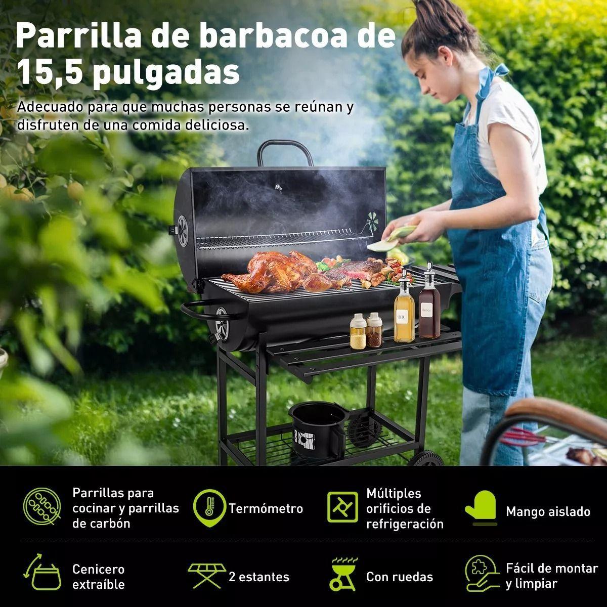 Parrilla a Carbón Con Bandejas Laterales Tapa Ruedas Fierro Sencillo-2