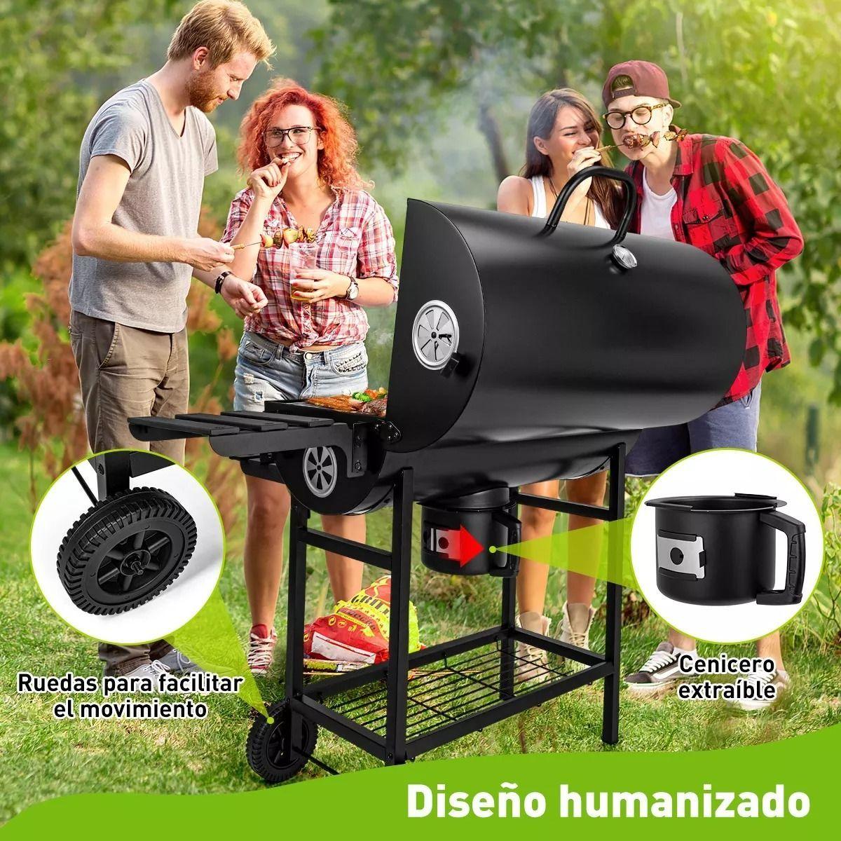 Parrilla a Carbón Con Bandejas Laterales Tapa Ruedas Fierro Sencillo-3