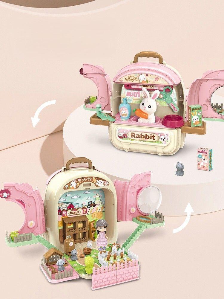 3-in-1 toy Juguete de mochila de granja de conejos rosa-2
