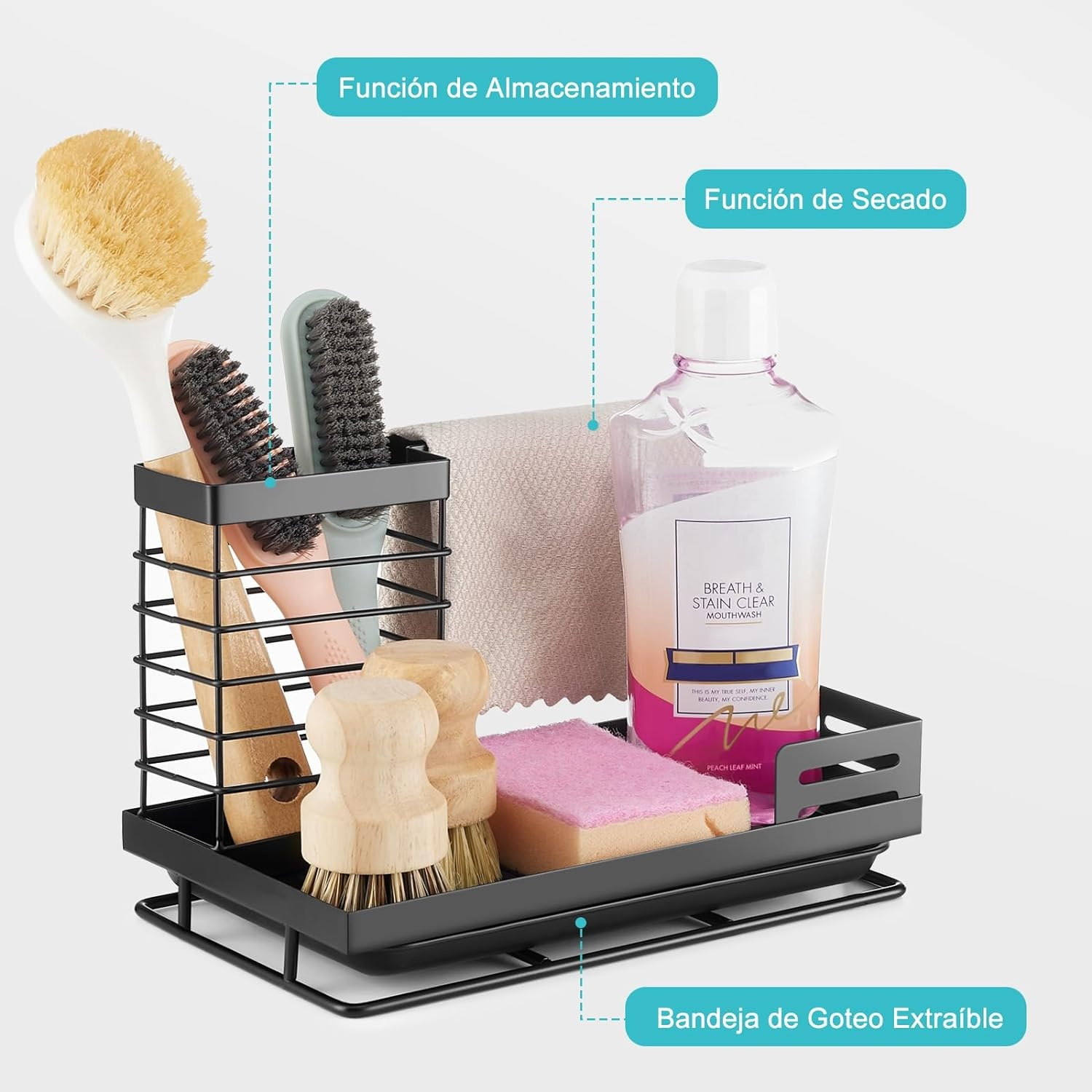 Portaesponjas Acero Inoxidable Porta Trapos Con Placa Metal Extraíble-2