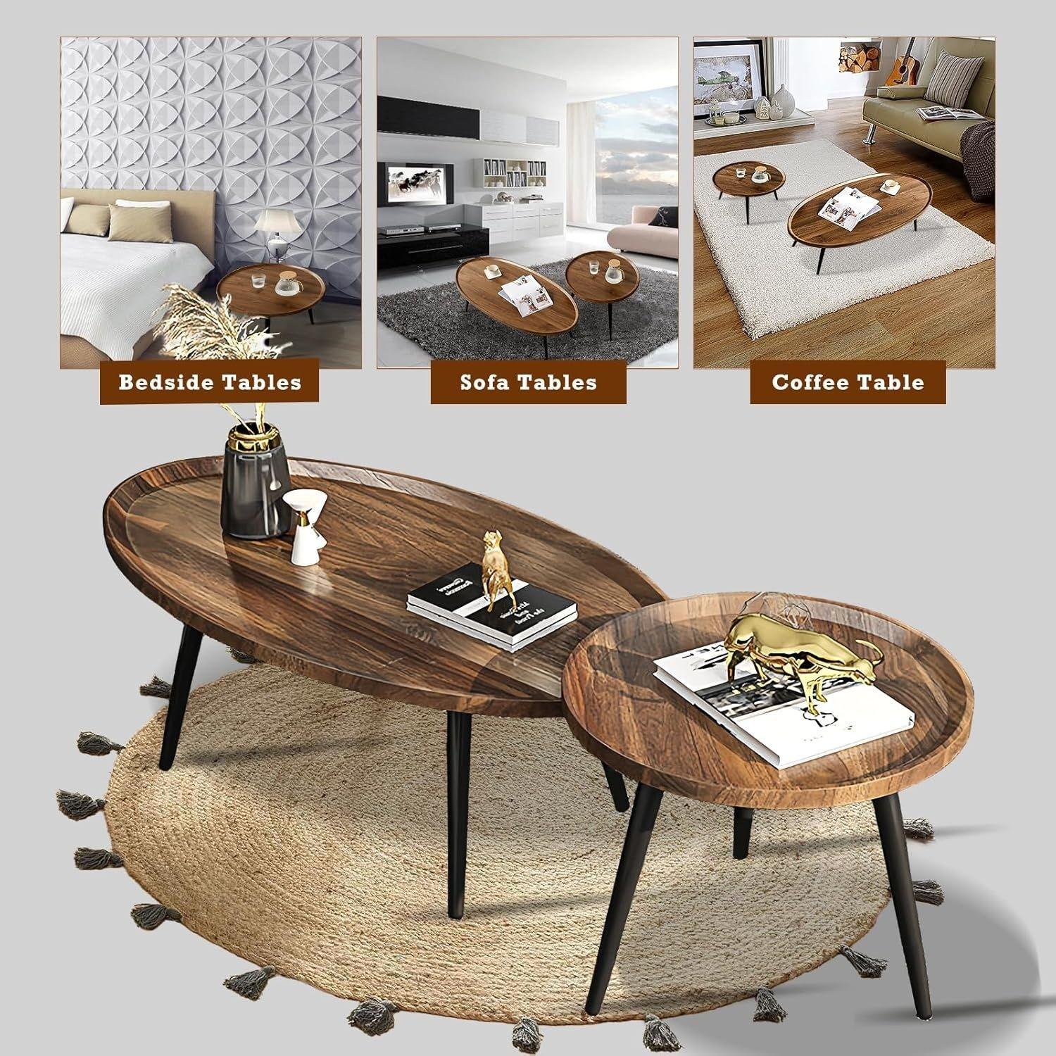 Juego Mesa De Centro Living Vanguardia Madera Nactural-5