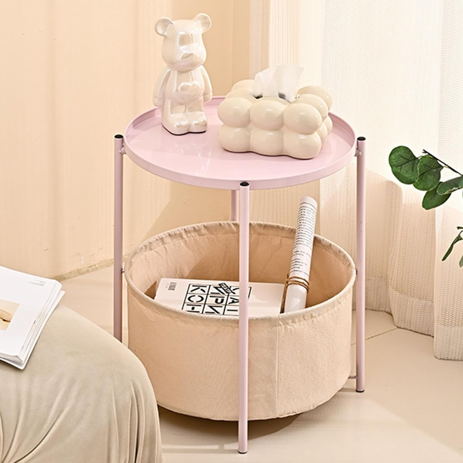 Round Side Table with Fabric Storage Basket-2