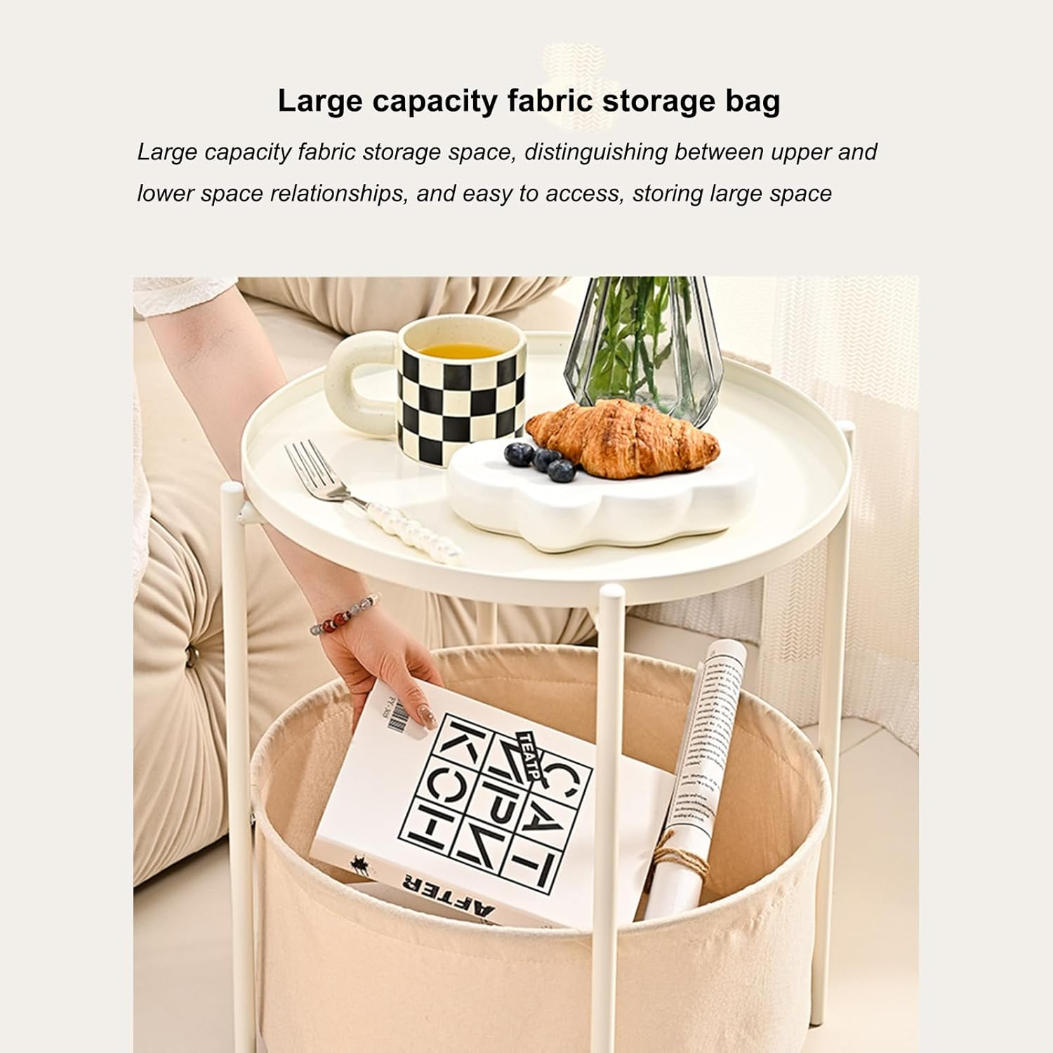 Round Side Table with Fabric Storage Basket-3