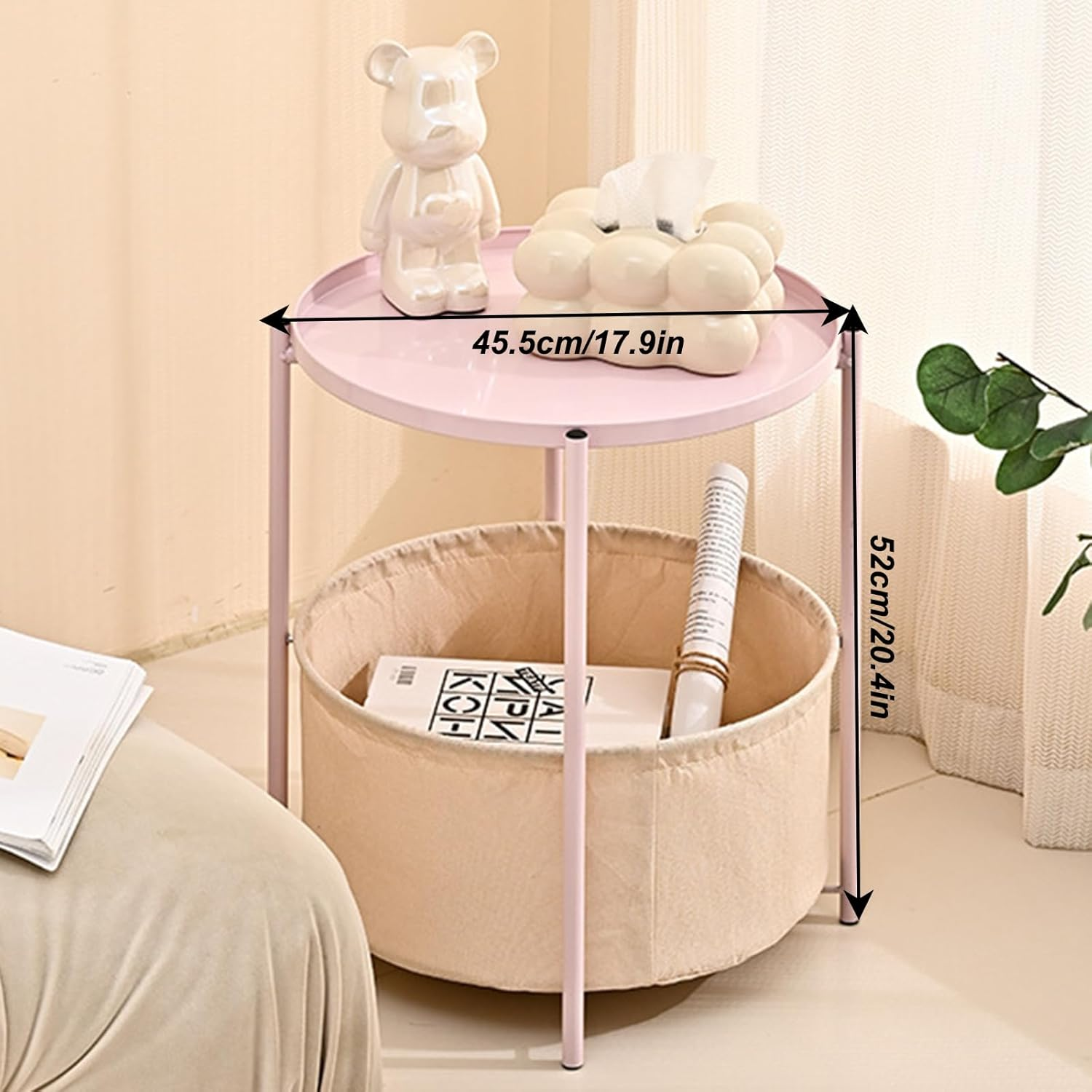 Round Side Table with Fabric Storage Basket-4