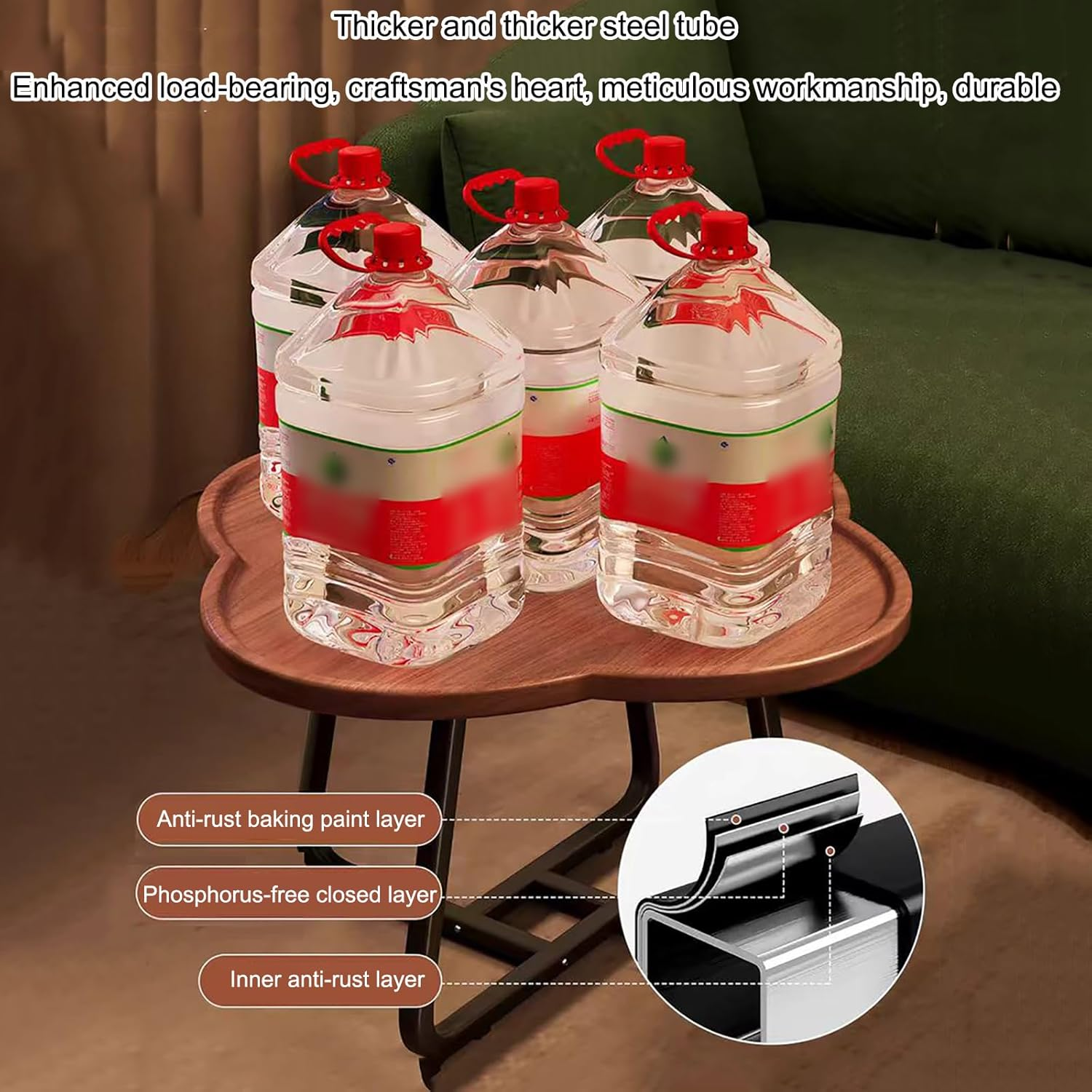 Mesa auxiliar moderna con diseño de trébol y patas de metal - Nogal-2