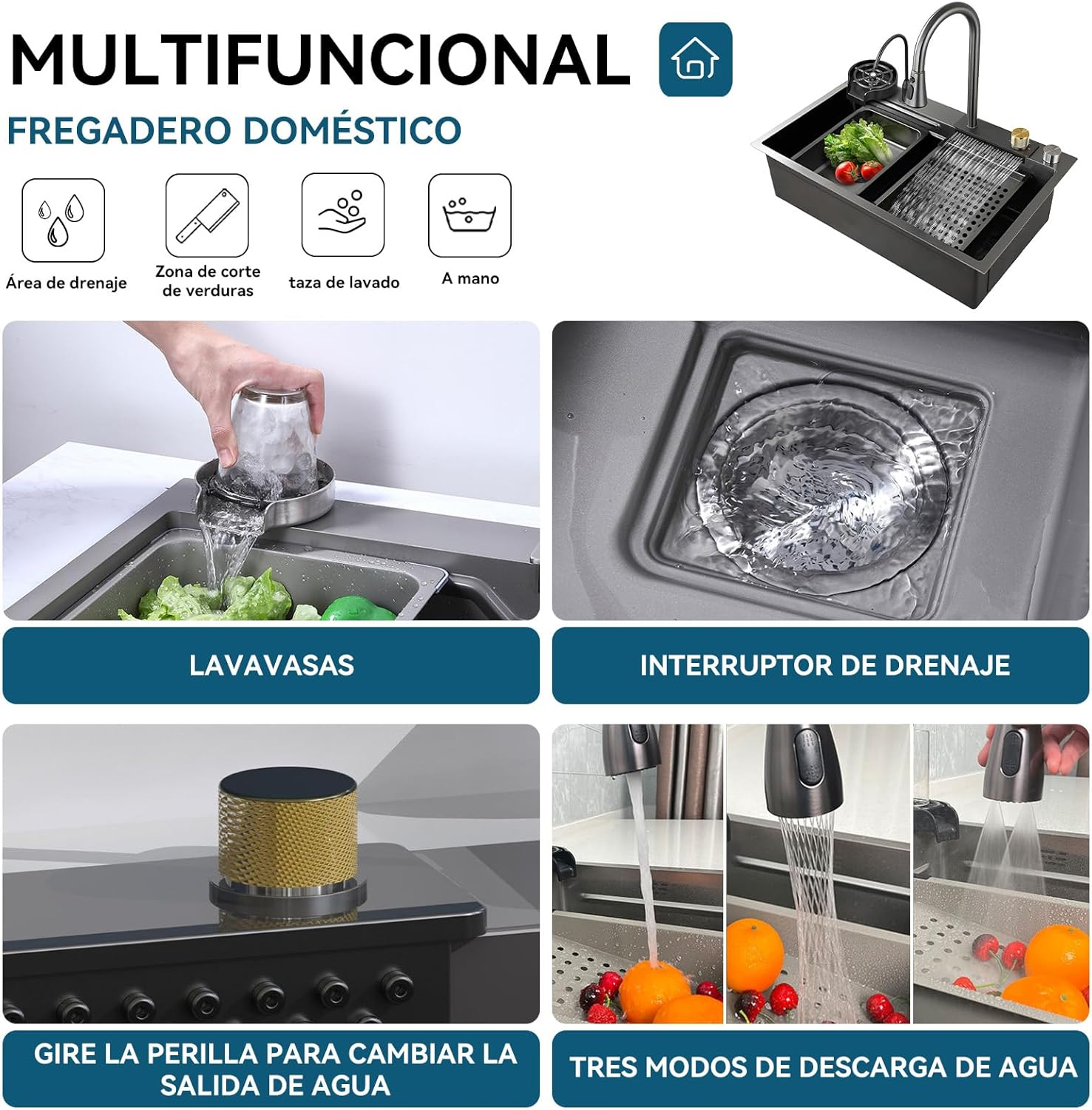 Combo Lavaplato Cascada Empotrado 68x45x21cm Acero Inoxidable Lavavaso-4