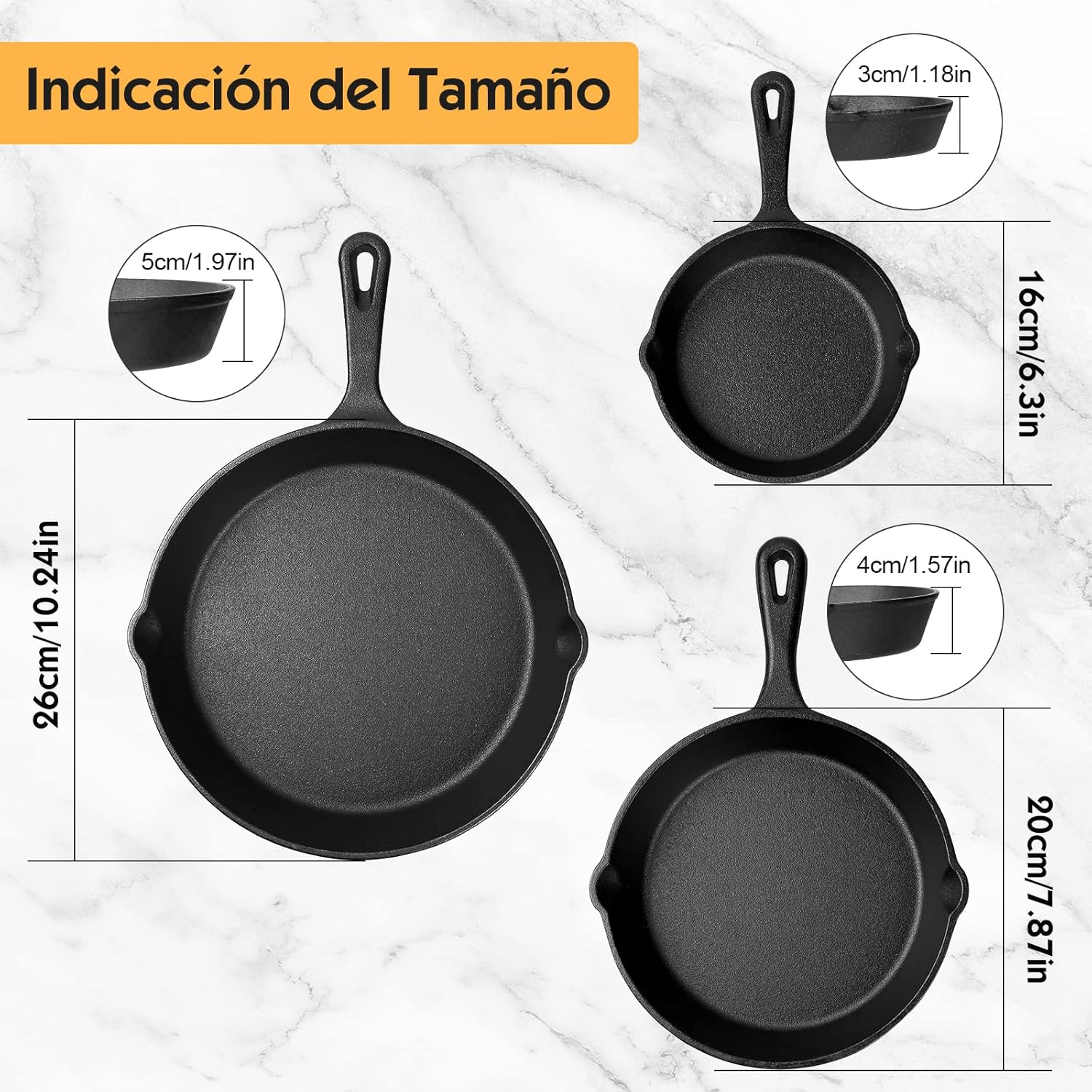 Set 3 Sartenes 16-26 cm Hierro Fundido Negro con 3 Asas Aisladas-2