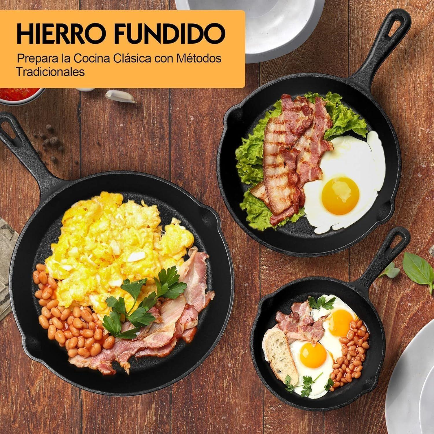 Set 3 Sartenes 16-26 cm Hierro Fundido Negro con 3 Asas Aisladas-6