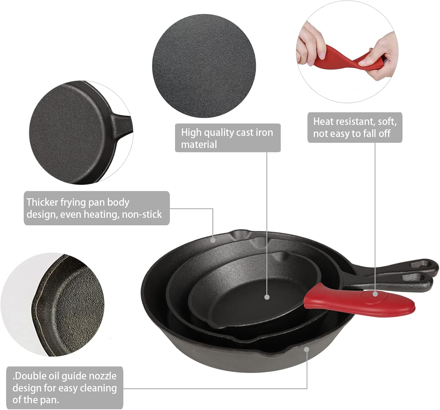 Set 3 Sartenes 16-26 cm Hierro Fundido Negro con 3 Asas Aisladas-7