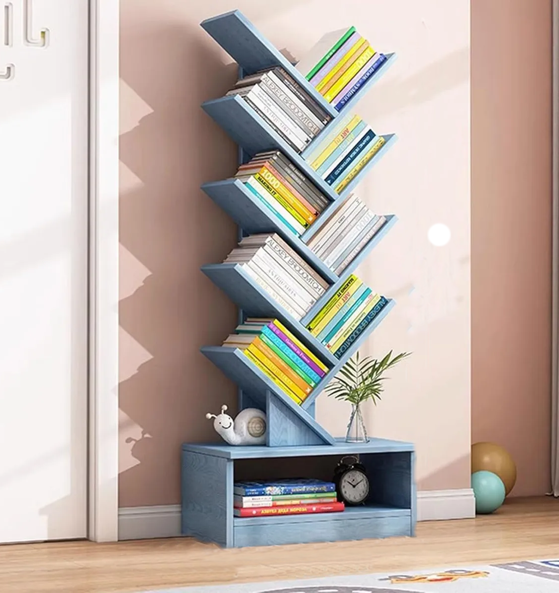 Estantería de Madera Maciza Con Forma de Arbol Estilo Moderno Azul-2