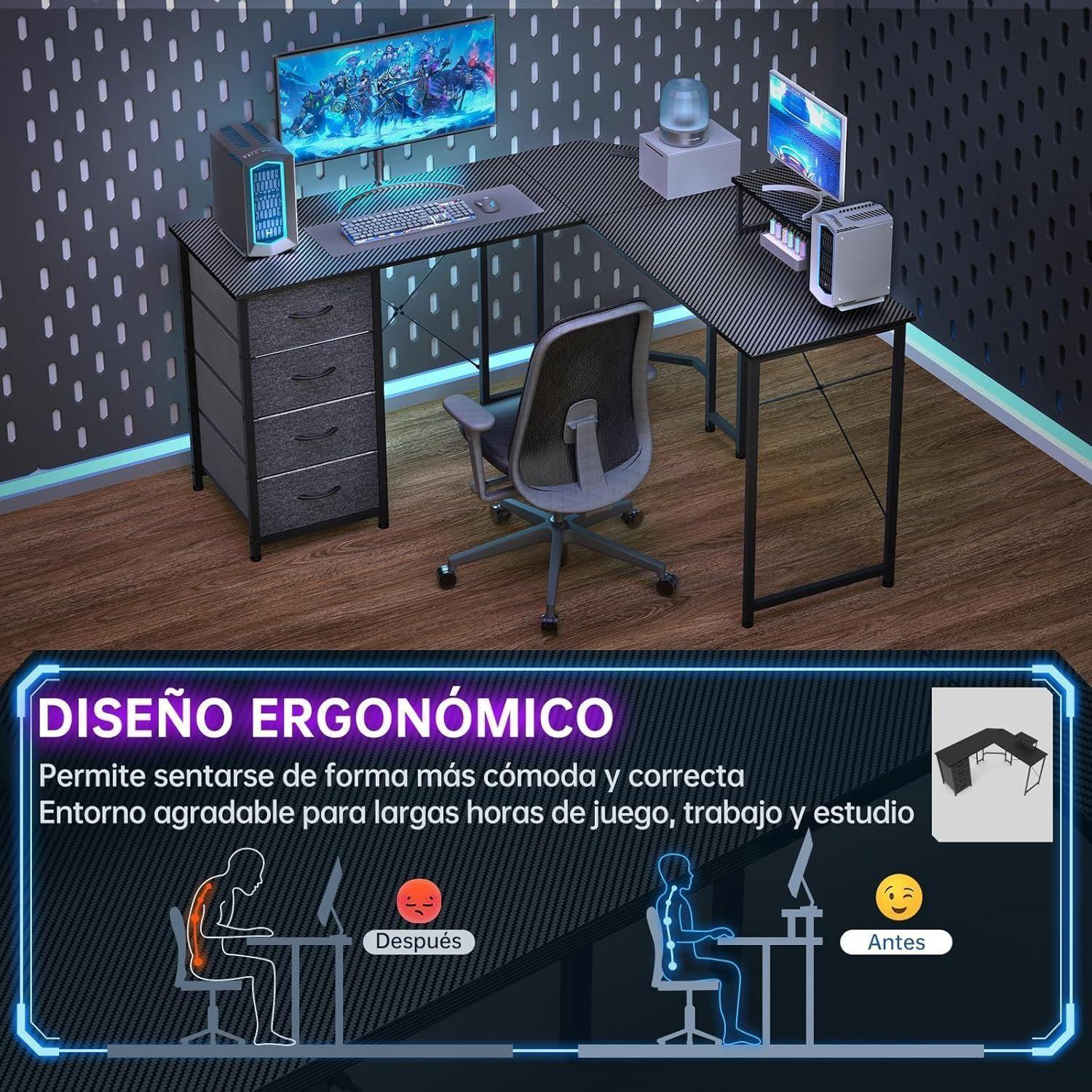 Escritorio En Forma L Con Repisa 4 Cajones Puerto USB 148x148x90CM-4