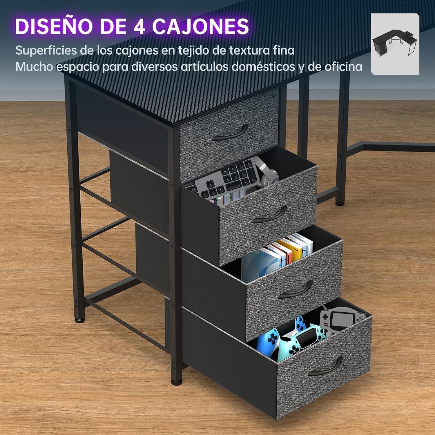 Escritorio En Forma L Con Repisa 4 Cajones Puerto USB 148x148x90CM-5