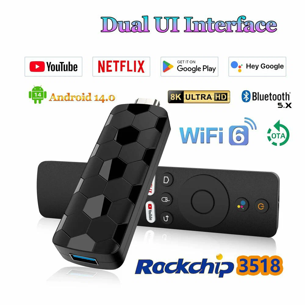 Android TV Stick 14.0, 2GB RAM 16GB ROM Smart Stick with RK3518 Chip, WiFi 6, BT5.4, USB 3.0, 4K HDR-2
