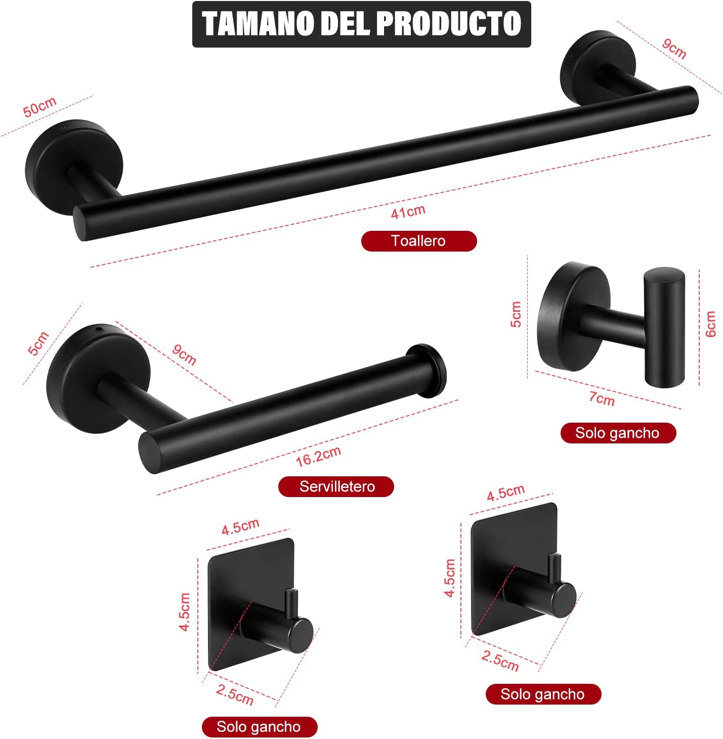 Set De Accesorios D/baño Acero Inoxidable Negro, Plata, 5 U.-4