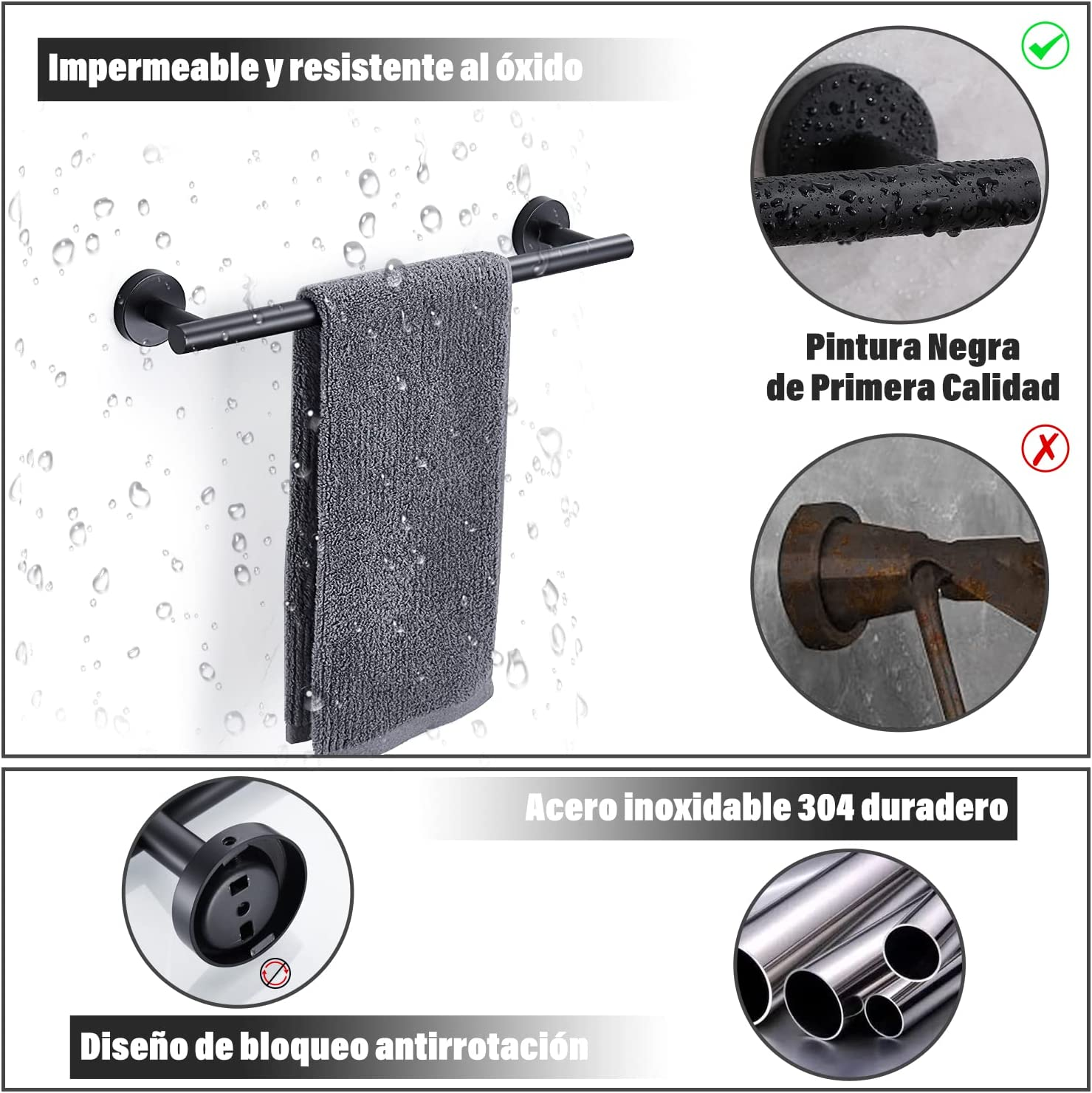 Set De Accesorios D/baño Acero Inoxidable Negro, Plata, 5 U.-5