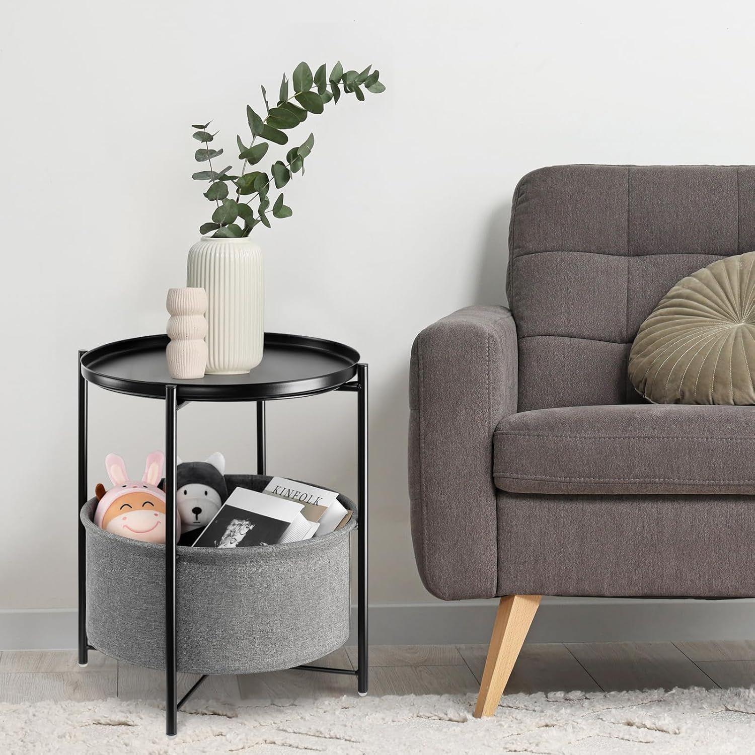 Round Side Table with Fabric Storage Basket42×42×52cm-2