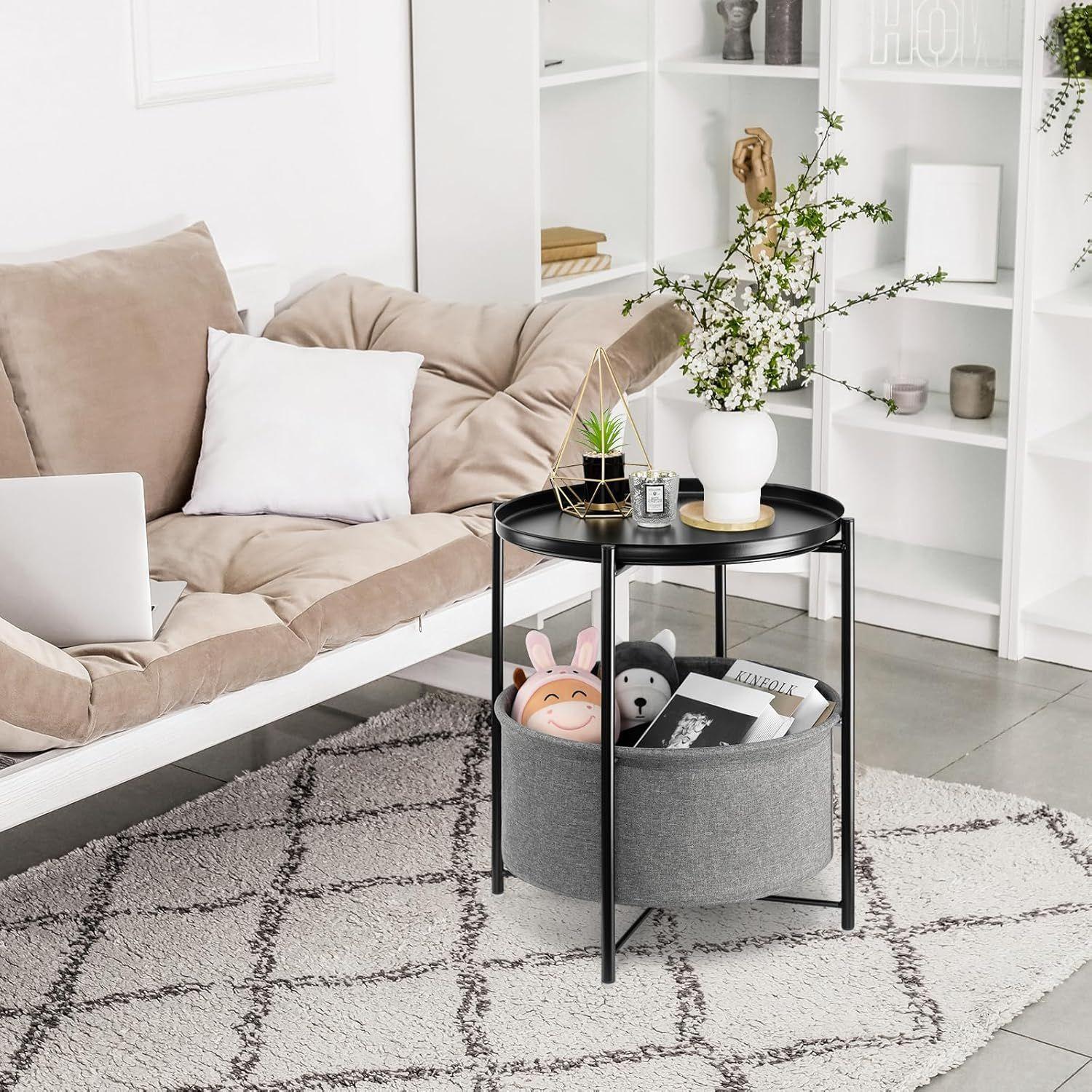 Round Side Table with Fabric Storage Basket42×42×52cm-6