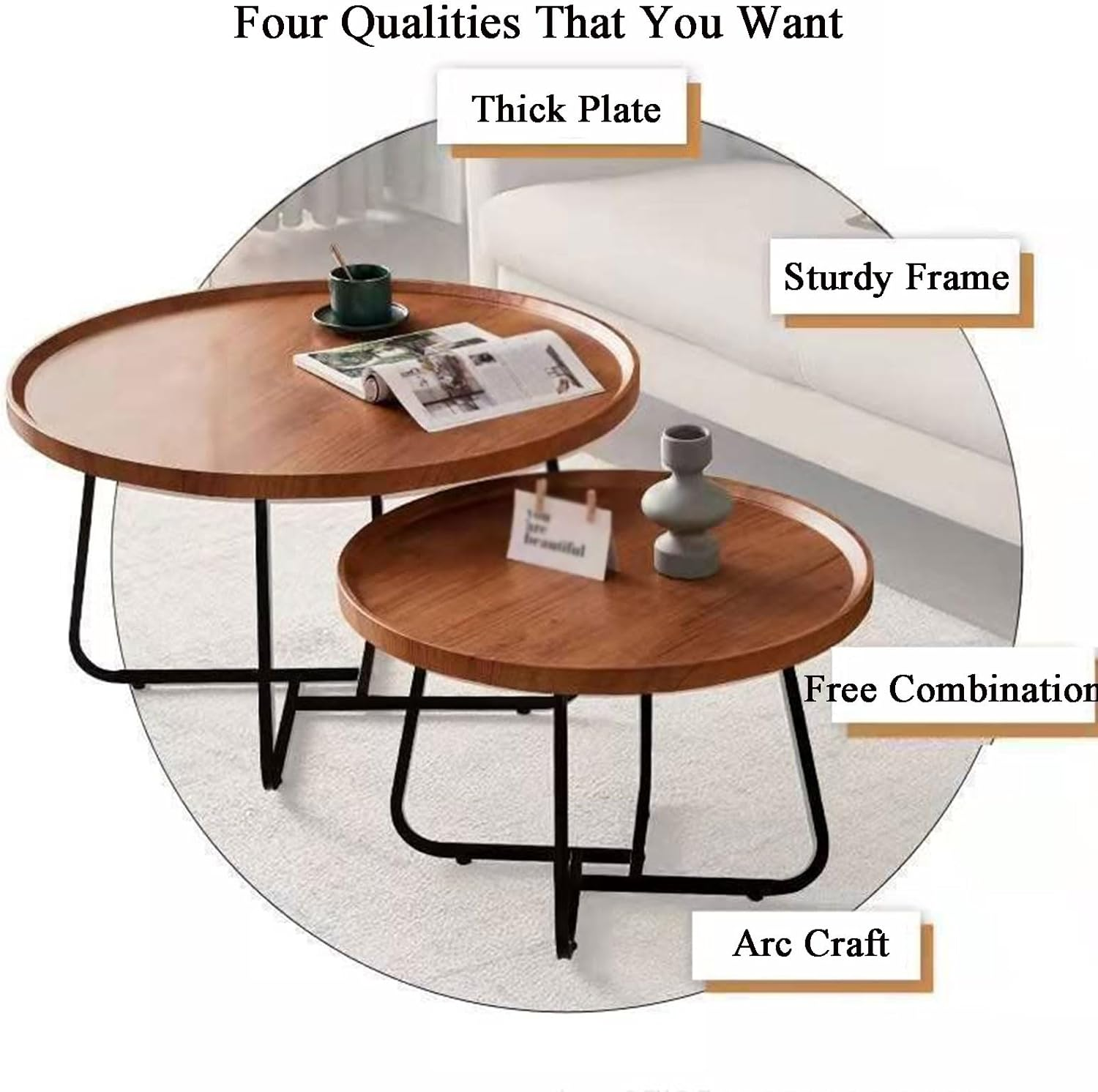 Mesa de Centro Redonda Sencilla Para Sala de Estar Combinación Nogal-4