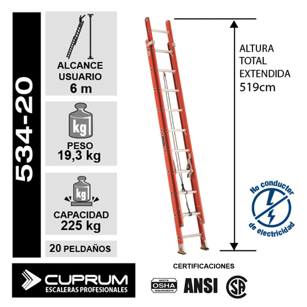 Escalera Dieléctrica Telescópica Fibra Vidrio 20P CUPRUM-6