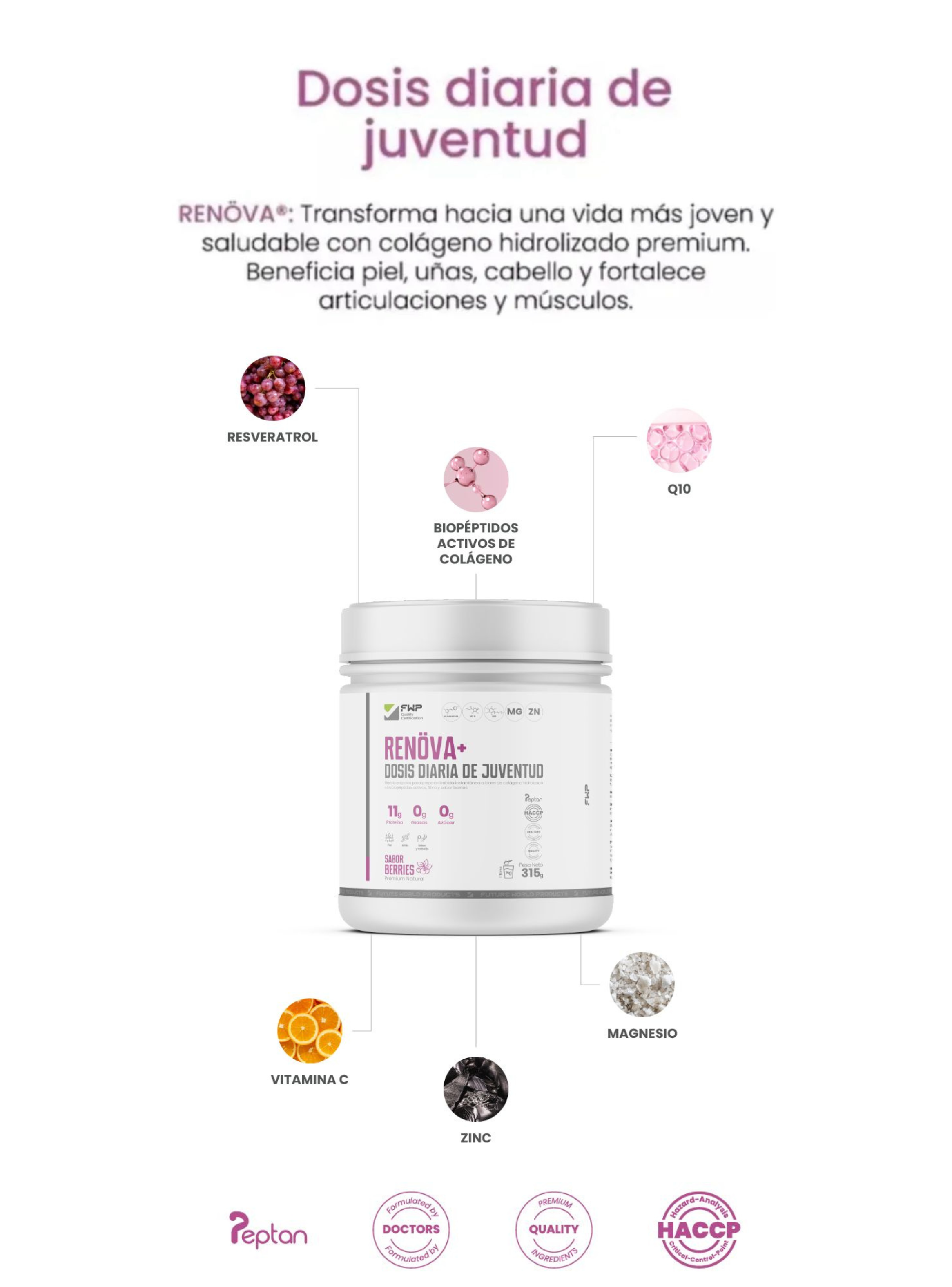 RENOVA+ Colágeno Hidrolizado con Biopéptidos Áctivos FWP-2