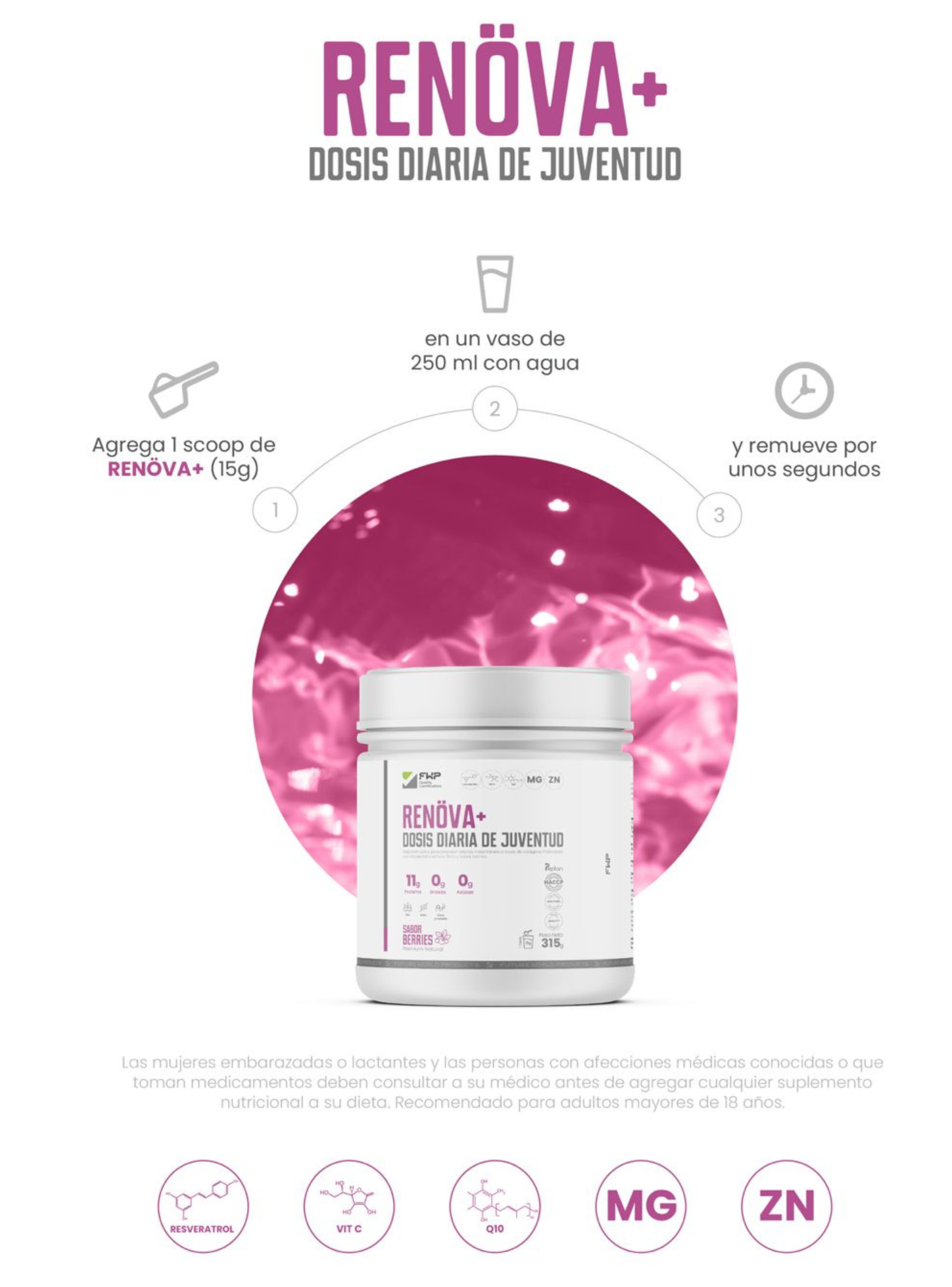 RENÖVA+ Colágeno Hidrolizado FWP Original - Biopéptidos Activos+ Resveratrol+Q10 y Vitaminas -2