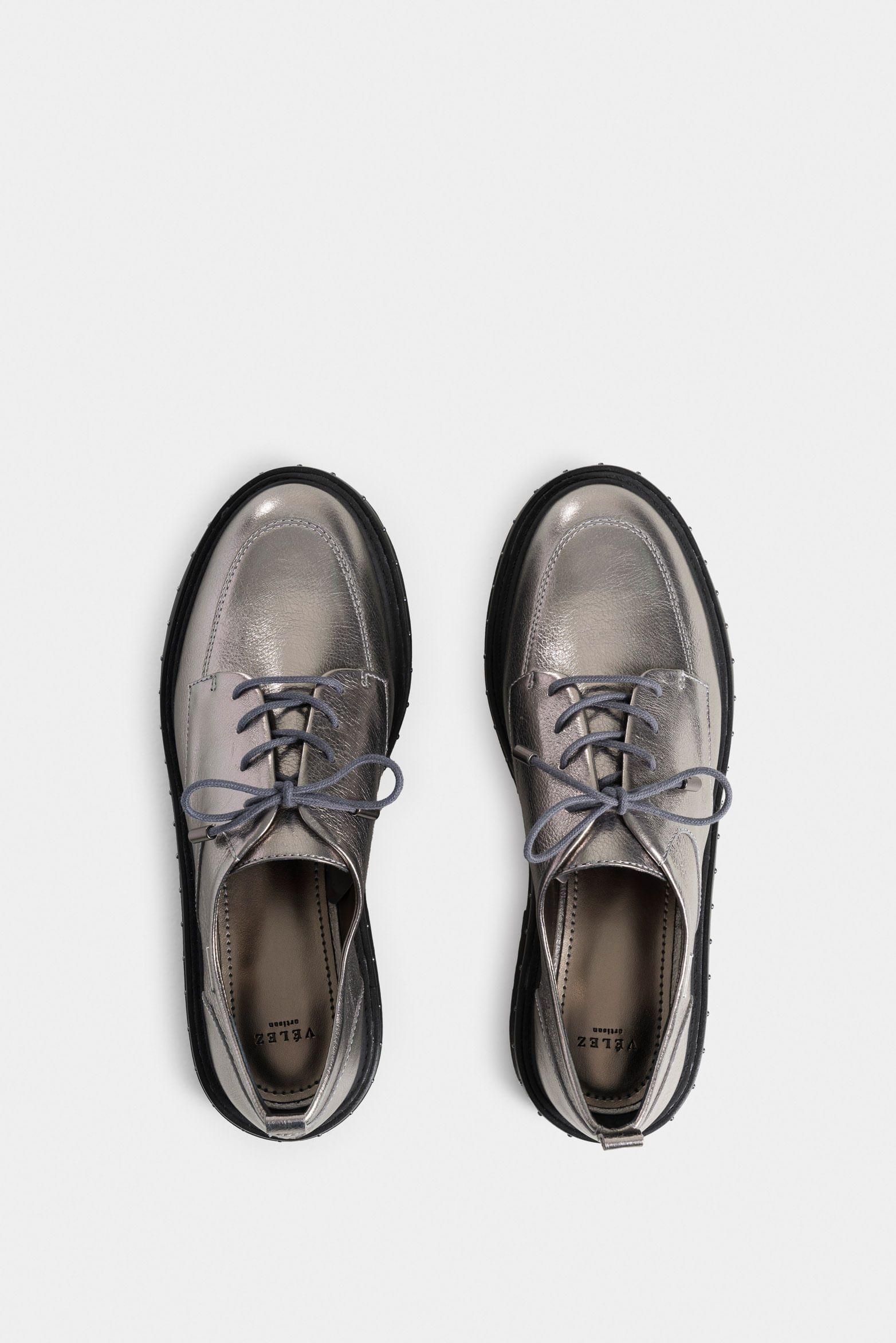 Vélez Zapatos De Cordón Thalia Cuero Mujer Mini Taches Plata-3