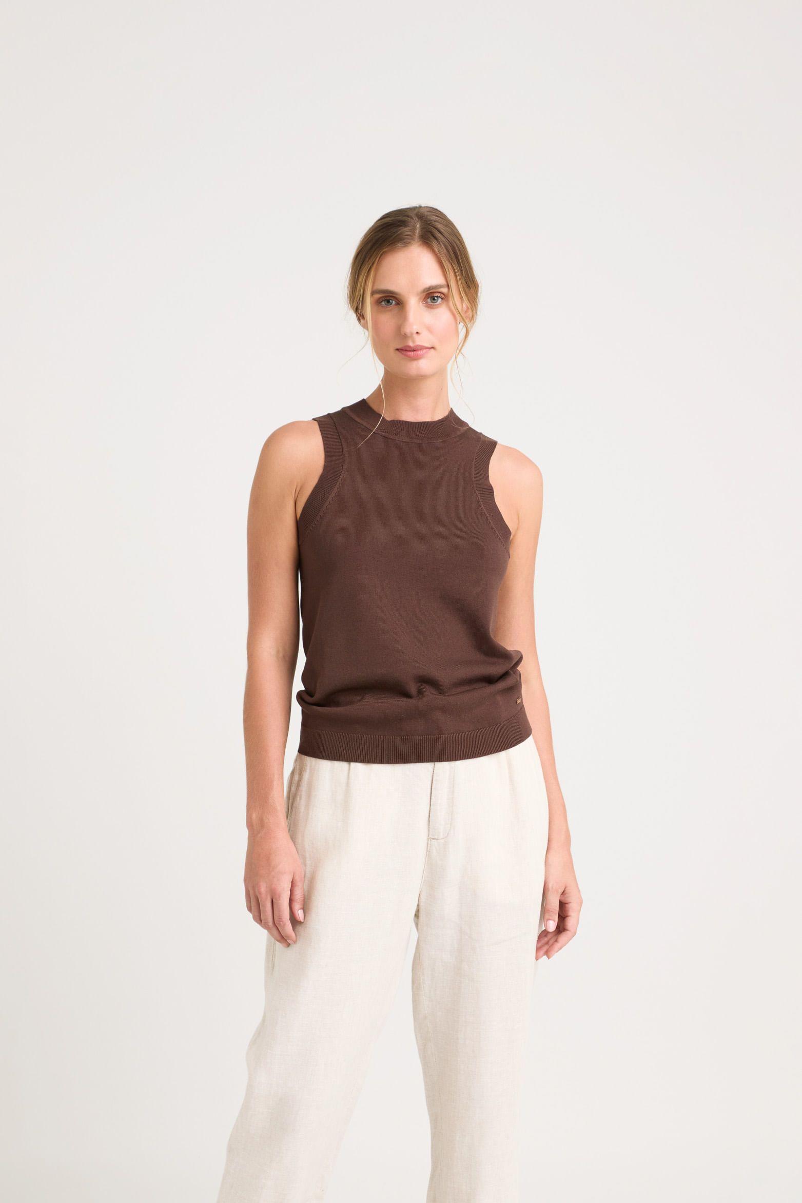 Vélez Top Tank Tejido Rectilíneo Para Mujer Manga Sisa Cafe-0