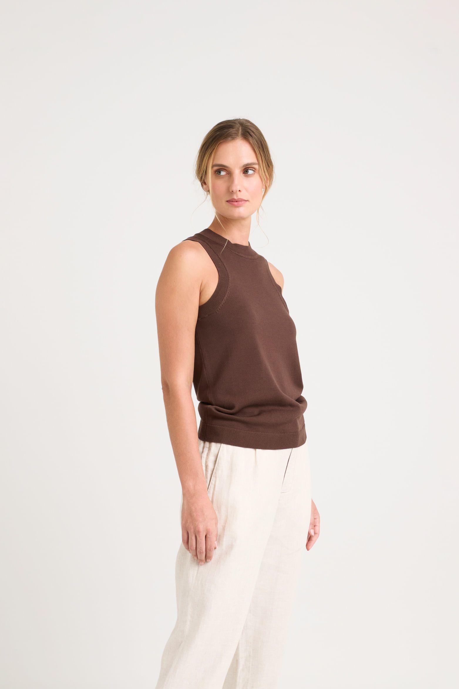 Vélez Top Tank Tejido Rectilíneo Para Mujer Manga Sisa Cafe-3
