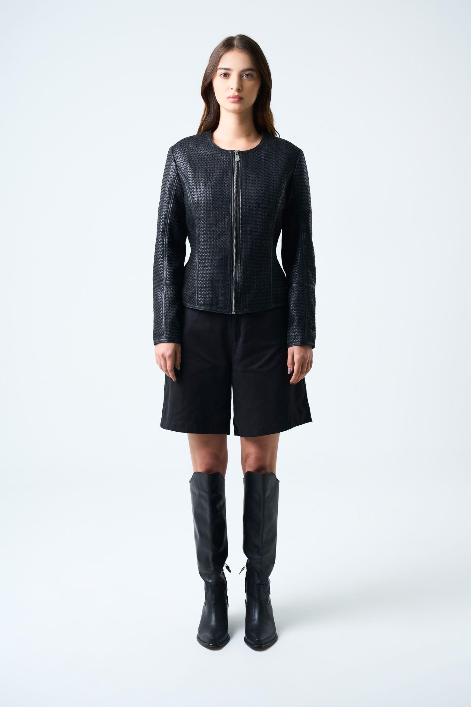 Vélez Chaqueta De Cuero Tejido Para Mujer Woven Negro-3